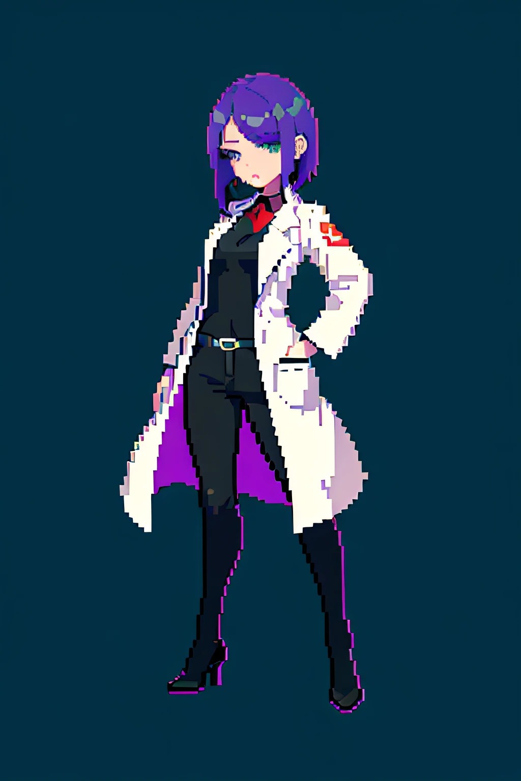 (masterpiece, top quality, best quality, less detail, simple color), pixel,pixel art,1 short girl,draw on aseprite software,full body, long lab coat, bra on top, short pant,combat pose, simple eyes color, limit eyes color