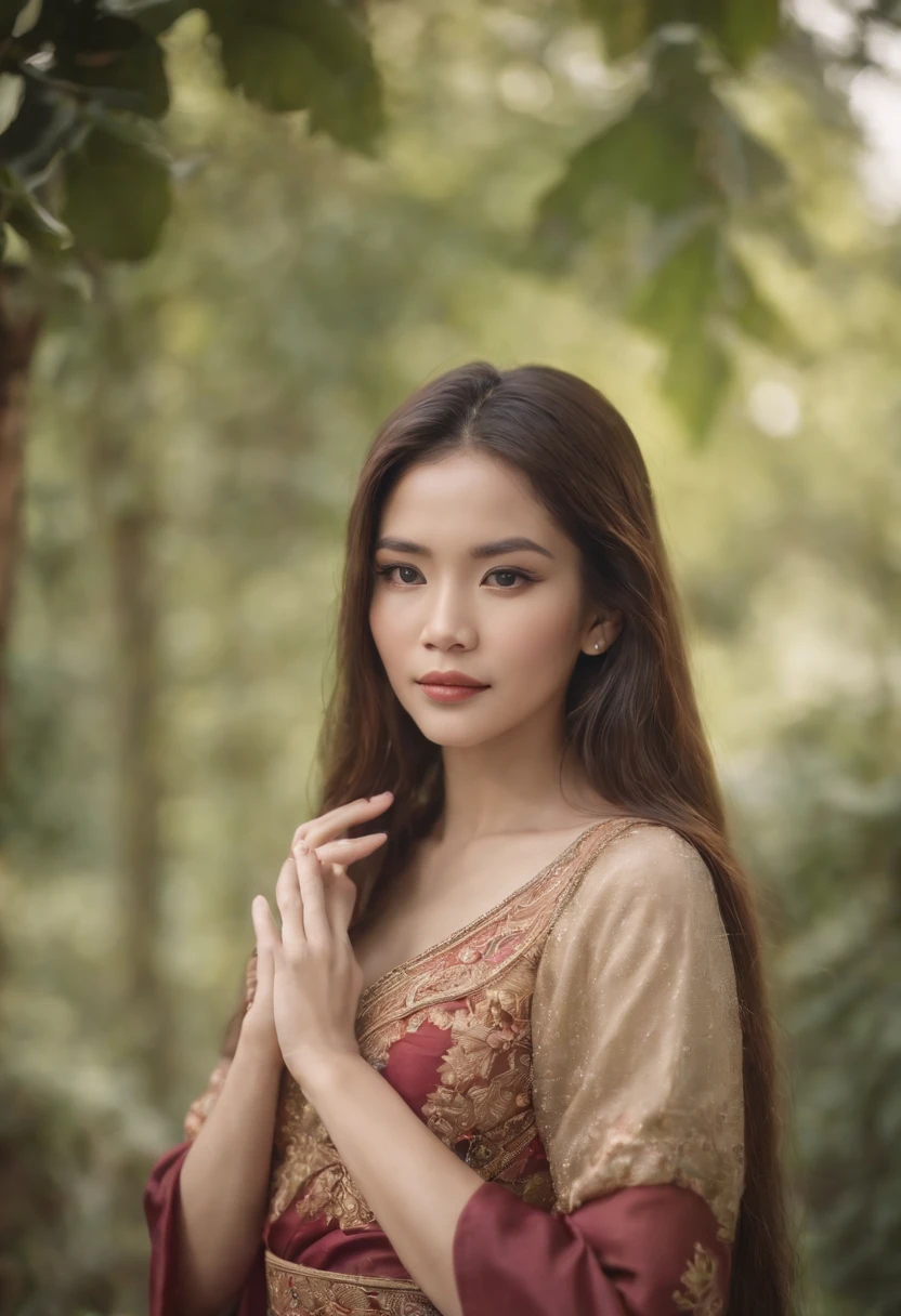 Woman with long hair wearing Thai dress