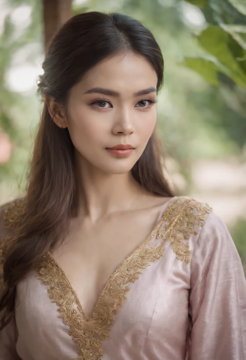 Woman with long hair wearing Thai dress