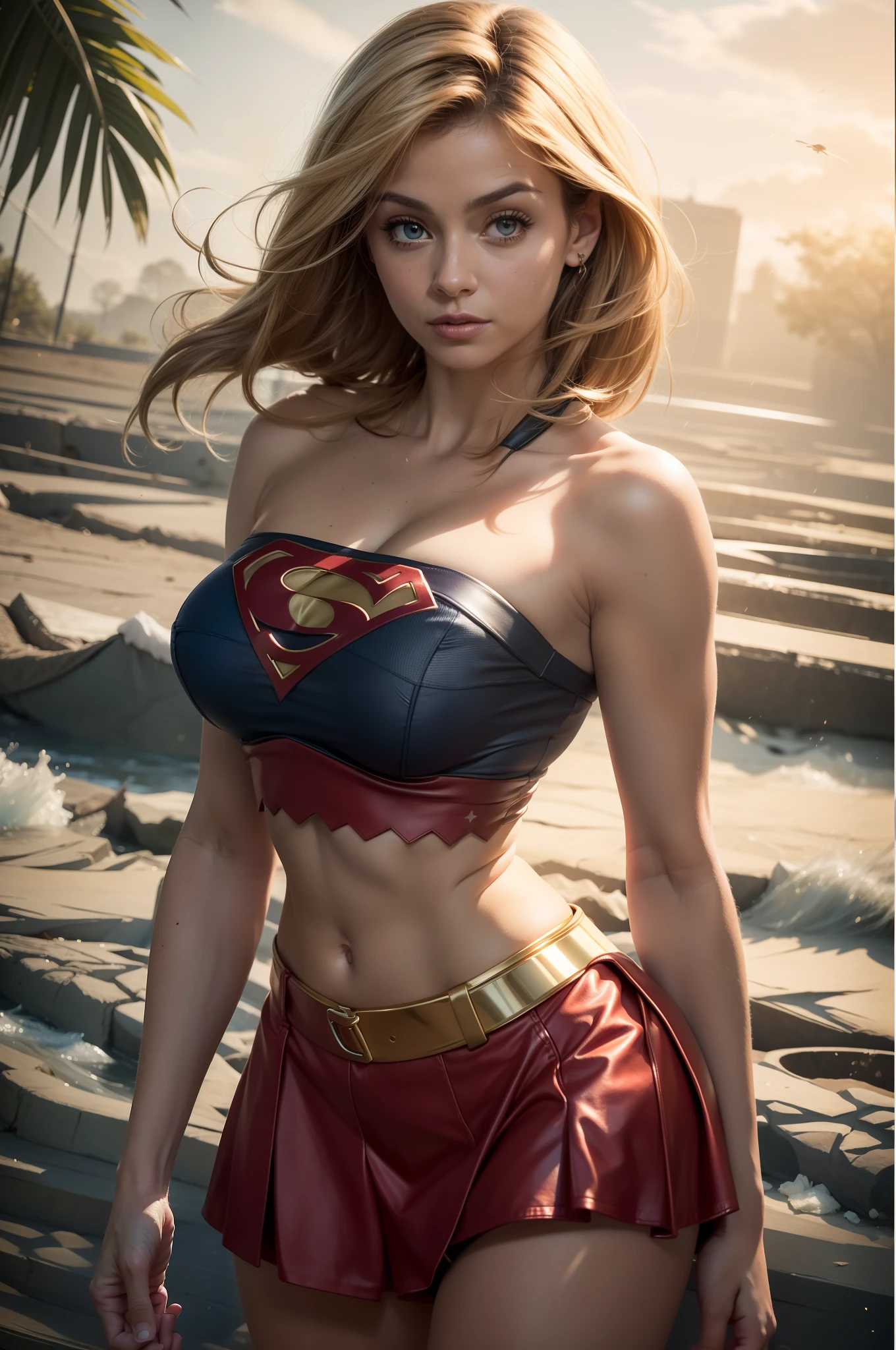 (best quality, Antecedentes detalhados, profundidade de campo, Volumetric lighting, foco nítido, Absurdo, ultra-detalhado),1  linda mulher loira de cabelos longos usando uniforme da supergirl