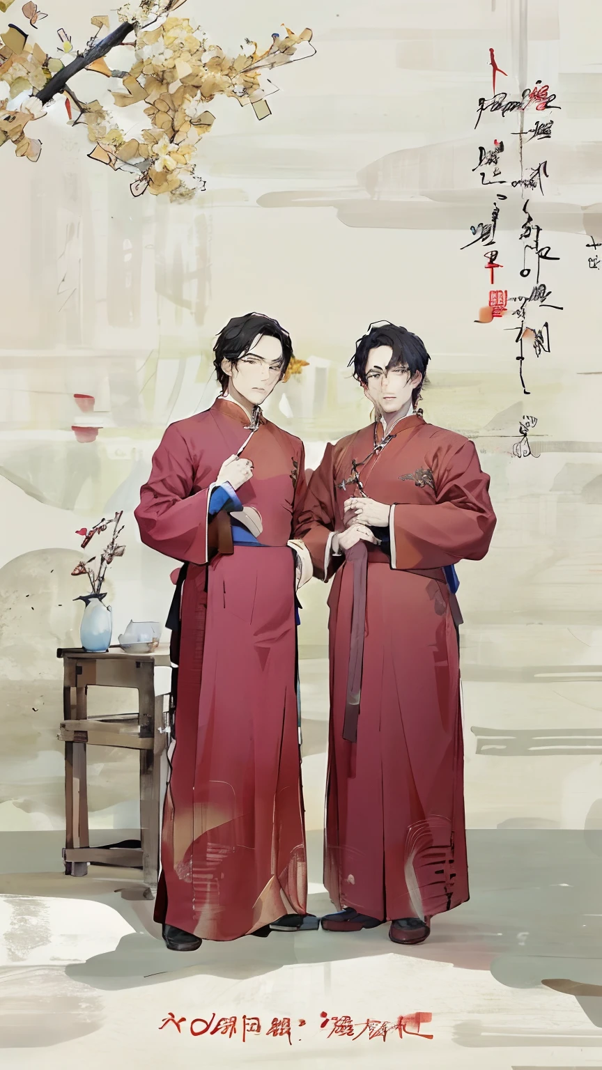 Two men in red robes stood side by side, artwork in the style of z.Show on the. gu, Traditional Chinese clothing, with acient chinese clothes, Wearing ancient Chinese clothes,