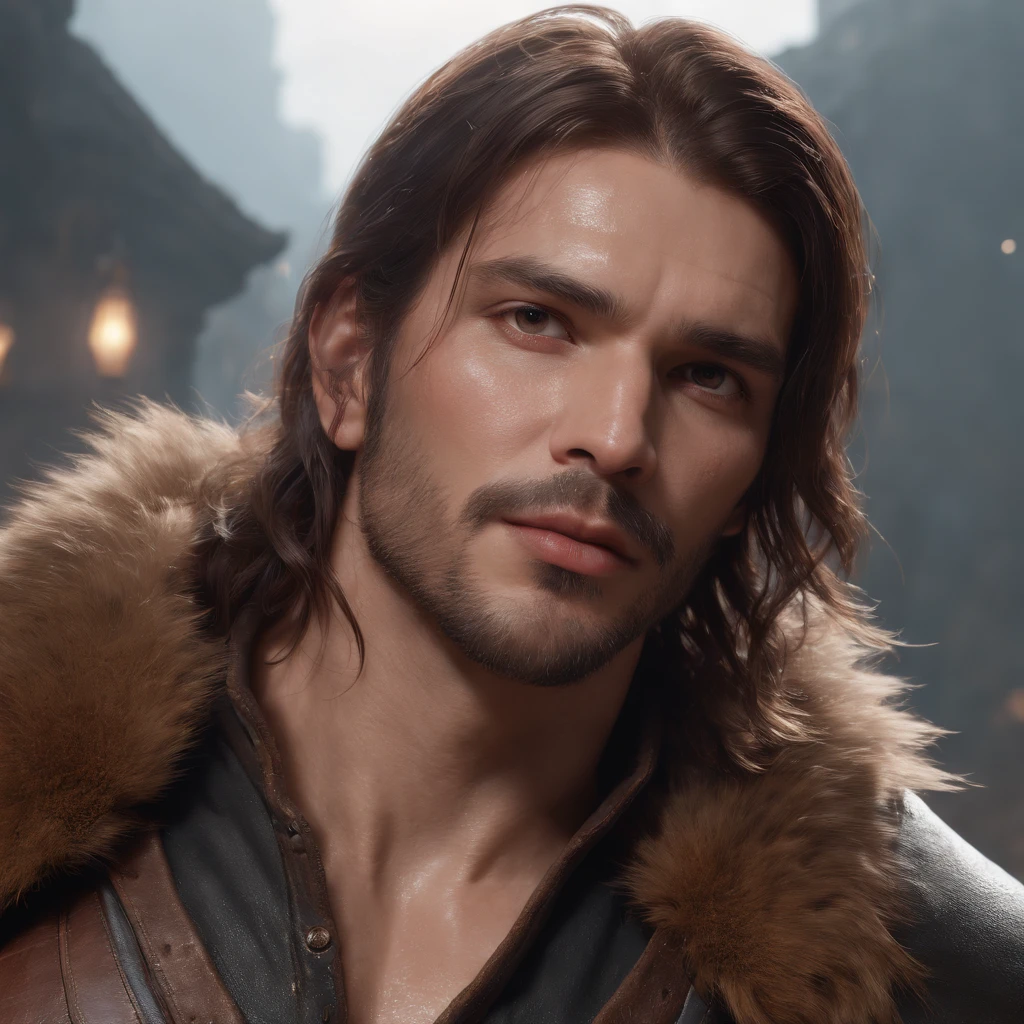 (professional 3d render:1.3) af (Realistic:1.3) most beautiful artwork photo in the world,Features soft and shiny male heroes, ((Epic hero fantasy muscle man rough wet hero angry looking long hair short beard and ferocious expression in dynamic pose, Fantastic location, Majestic cluttered environment)), Full body 8K unified rendering, action shot, skin pore, very dark lighting, heavyshading, Detailed, Detailed face, (vibrant, photograph realistic, Realistic, Dramatic, Dark, Sharp focus, 8K), (Old leather garments damaged by weathering:1.4), ((((Wear fur)))), (Intricate:1.4), decadent, (Highly detailed:1.4), Digital painting, rendering by octane, art stations, concept-art, smooth, Sharp focus, illustration, Art germ, (loish:0.23), wlop ilya kuvshinov, and greg rutkowski and alphonse mucha gracias, (Global illumination, Studio light, volumettic light), heavy rain, particles floating, lotr, fantasy, elf, full bodyesbian, ((Dark and ancient city background:1.3)),CGSesociety,art stations