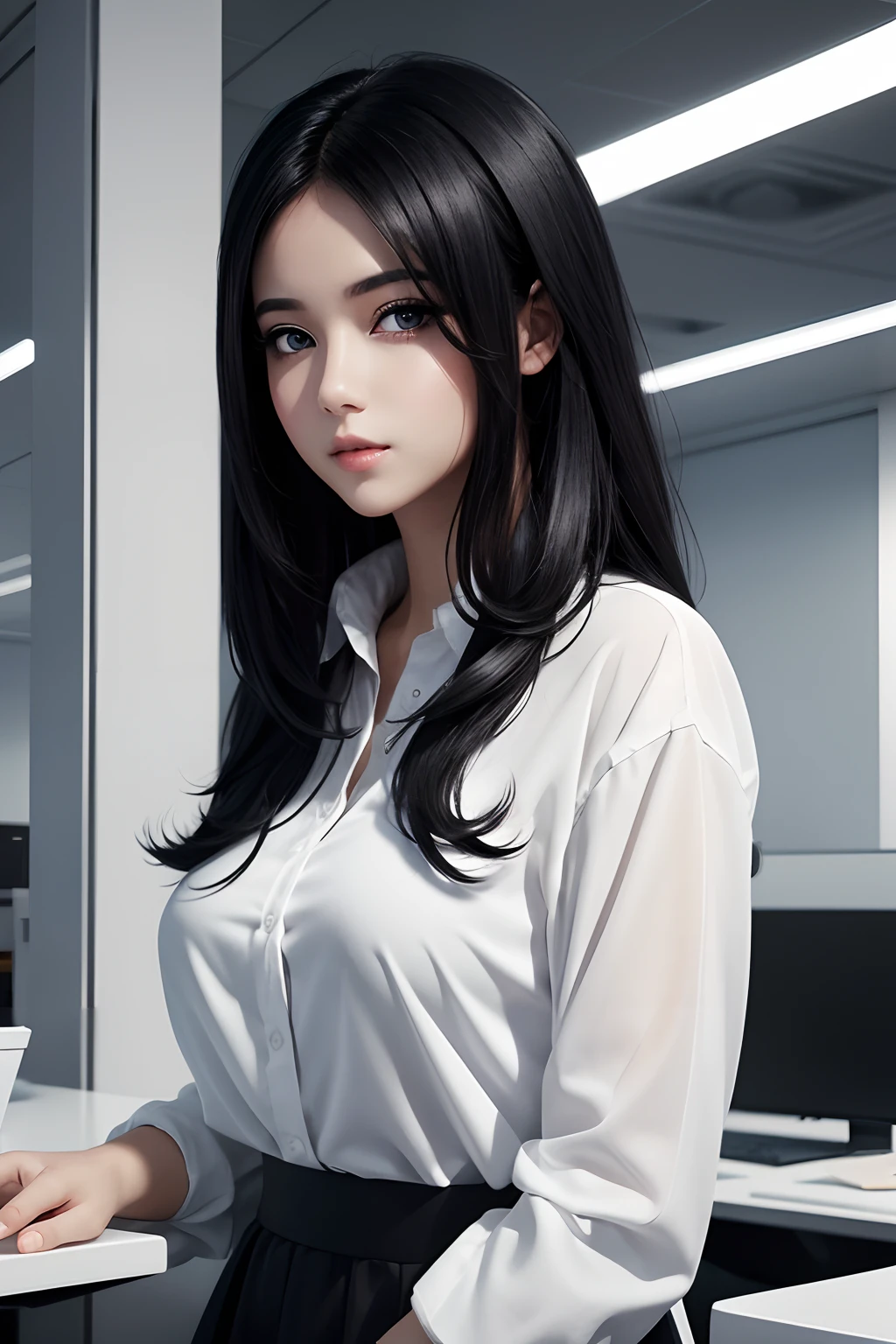 white clothes,Beautiful woman,black color hair,beautidful eyes,background is office,rim-light,high qulity,illustration,Wallpapers