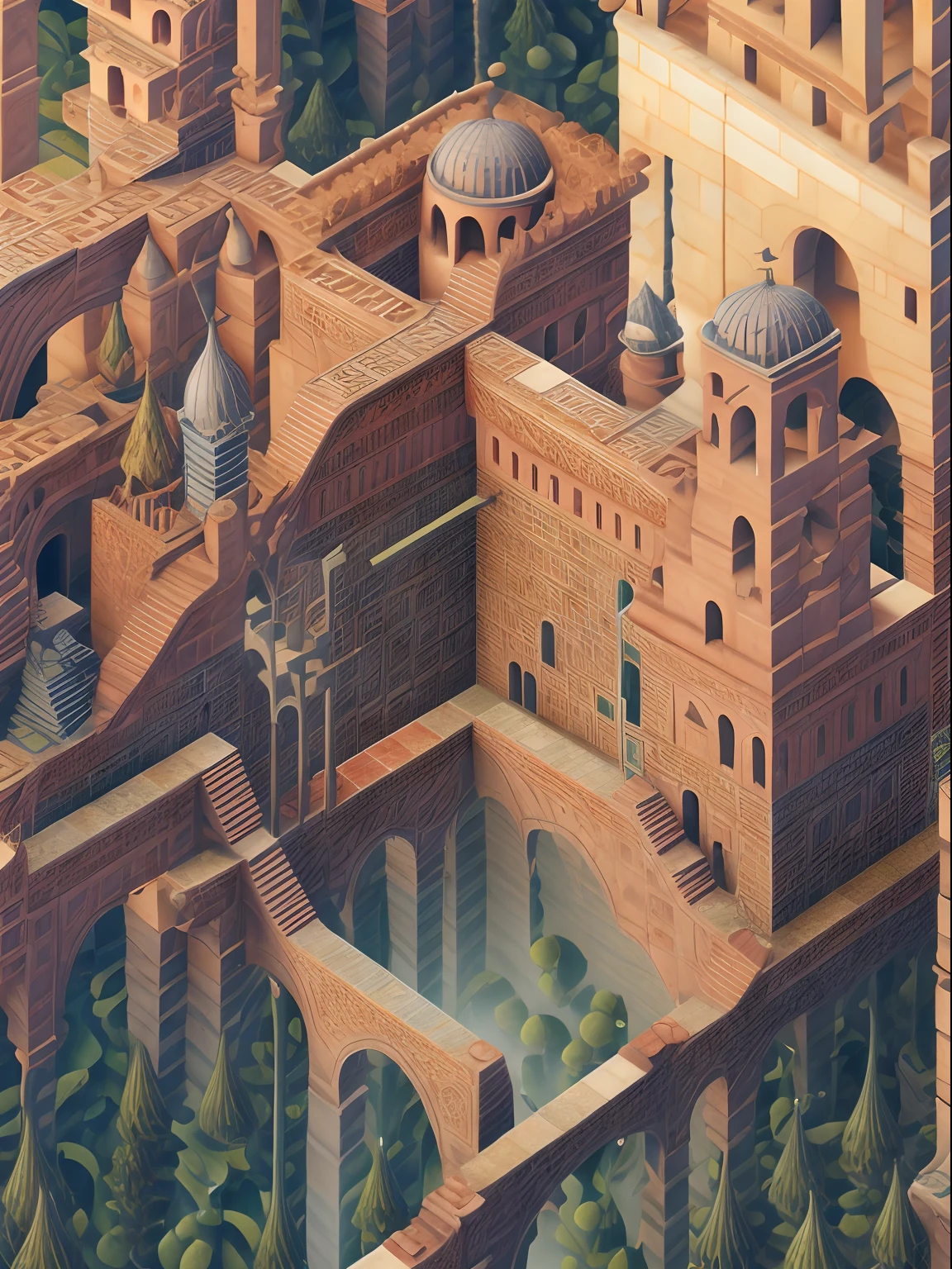 (author：Phil Noto, by Pixar, author：Corey Loftis, author：Ed Mayer, author：Drew Struzan, author：Alberto Morroco), tmasterpiece，monument valley，geomerty，Paradox geometry,tile,Brown tiles,Building,Dome,Onion dome,Brown onion dome,water,stairways,Buttress,arch bridges,Light brown background,Door, Brown walls,Scary green forest background， extremely detaile，Clear focus, (hdr), (8K), (gigapixel), ((Masterpiece))