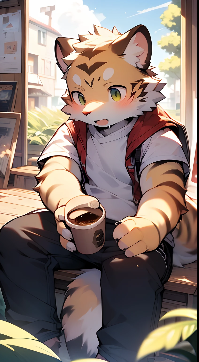 Masterpiece, Best quality, Perfect anatomy, author:K0bit0wani, author:Milk Tiger 1145, (author:Dex:0.3), Furry, coyote, tiny ears, Solo, Male, baggy pants, Tight red vest, Eau, Abs, Small raised, Slightly chubby figure, In brewing coffee, Detailed background, music sheets, Leaning back, Butterfly, Grass,Shota,Libido boy
