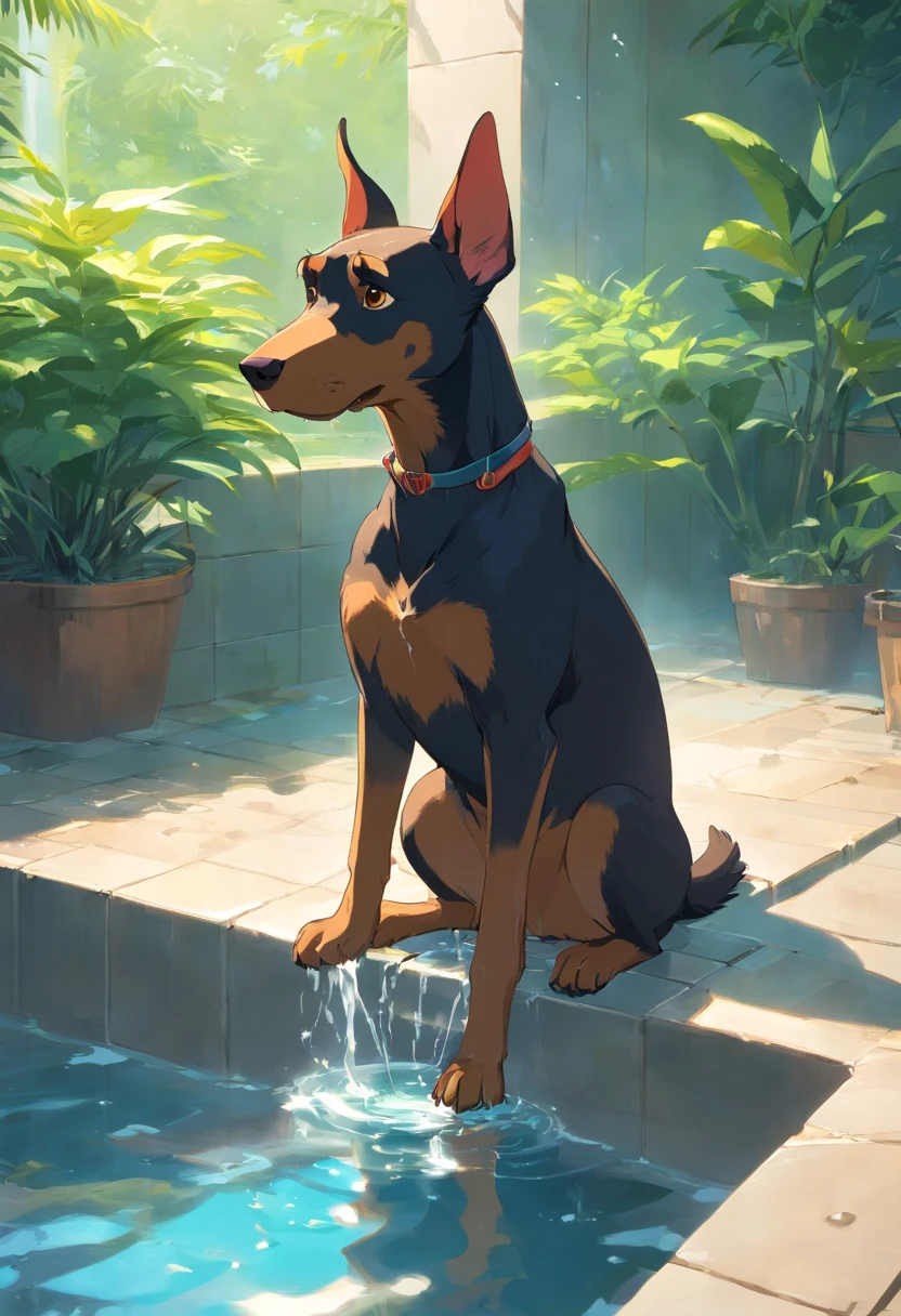 In a natural bath in the open air, un Doberman americano descansa tranquilamente, Sumergirse en el agua tibia del manantial. Rests on the edge of the tub, contemplando los alrededores. Su pelaje es suave y esponjoso, apparently melting with the rising steam. Ocasionalmente, Interact with other macaques, creando una imagen de disfrute sereno.
BREAK
The dog's presence blends seamlessly with the steam as it soaks in the thermal water.