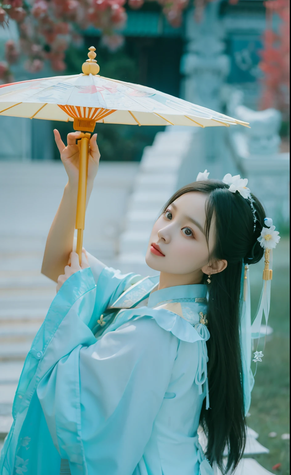 An Asian woman in traditional dress holds an umbrella, Palace ， A girl in Hanfu, Hanfu, Wearing ancient Chinese clothes, White Hanfu, Traditional Chinese clothing, Chinese girl, Chinese woman, Chinese traditional, with acient chinese clothes, Chinese style, China Princess, Chinese costume, Princesa chinesa antiga, A young Asian woman, Traditional beauty