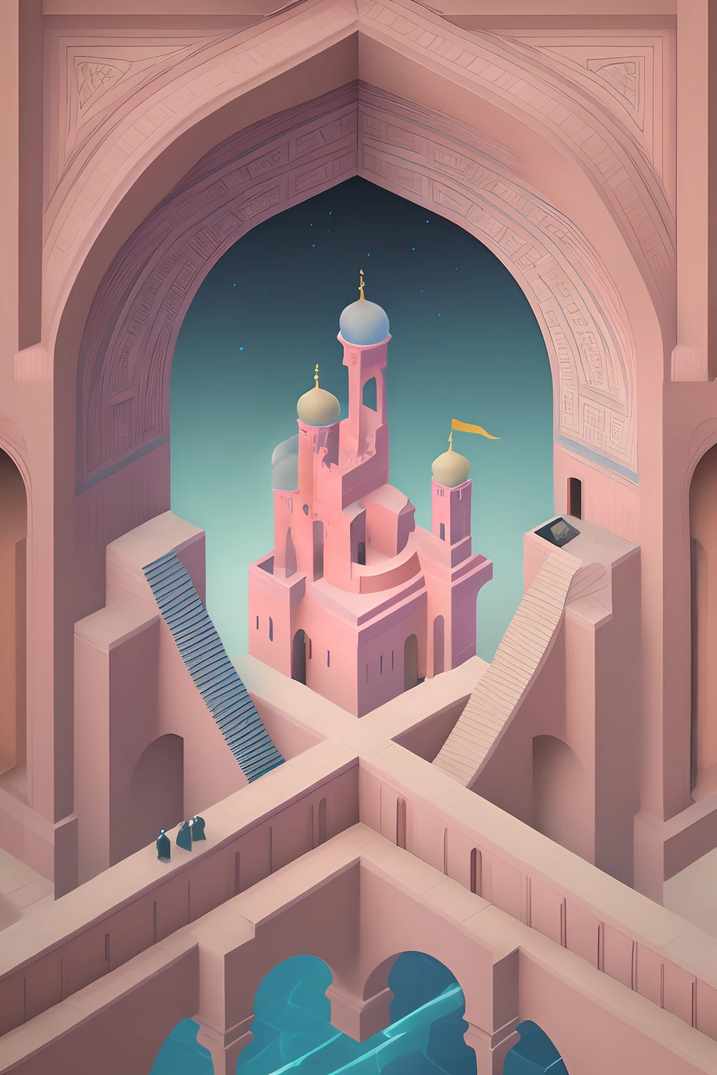tmasterpiece，monument valley，geomerty,
monument valley,illustration,Paradox geometry,
tile,Brown tiles,Building,Dome,Onion dome,Brown onion dome,
water,stairways,Buttress,arch bridges,Light brown background,Door,Pink walls