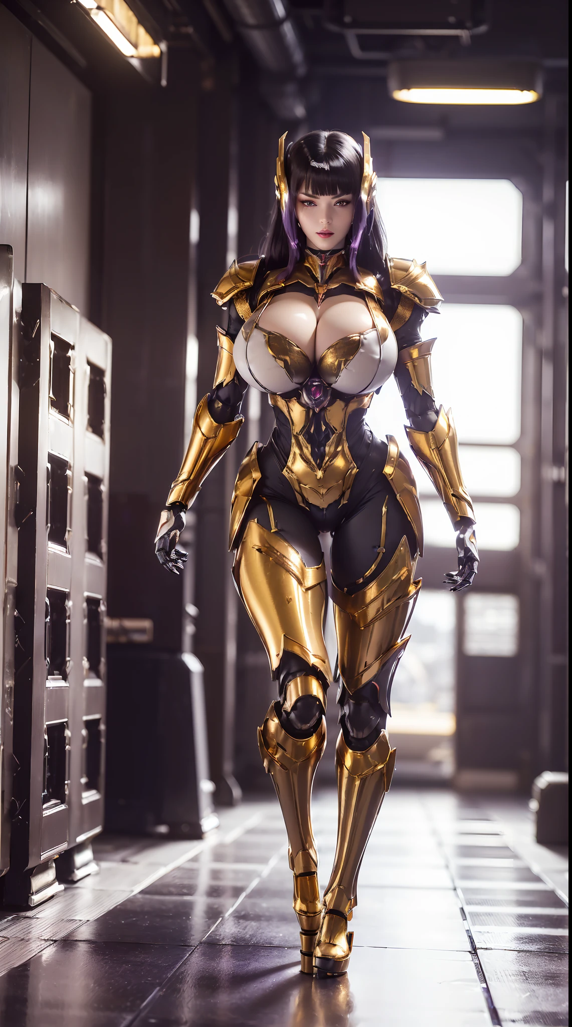 (1GIRL, SOLO), (super detailed face, red_libs, black_hair), (Phoenix mecha helmet:1.2), (BIG BUTTOCKS, MUSCLE ABS, HUGE BOOBS:1.5), (MECHA GUARD ARM:1.3), (white, purple, gold, MECHA CYBER SHINY ARMORED SUIT, CLEAVAGE, BLACK MECHA SKINTIGHT SUIT PANTS, DIAMOND CORE IN ARMOR, MECHA GUARD ARMOR LEGS, MECHA HIGH HEELS:1.5), (MUSCULAR BODY, SEXY LONG LEGS, HALF BODY:1), (LOOKING AT VIEWER:1.3), (famale focus:0.786), (WALKING DOWN HALLWAY OF FUTURISTIC SPACE STATION:1), (BRIGHT LIGHTING:1.3), PHYSICALLY-BASED RENDERING, ULTRA HIGHT DEFINITION, 16K, 1080P.