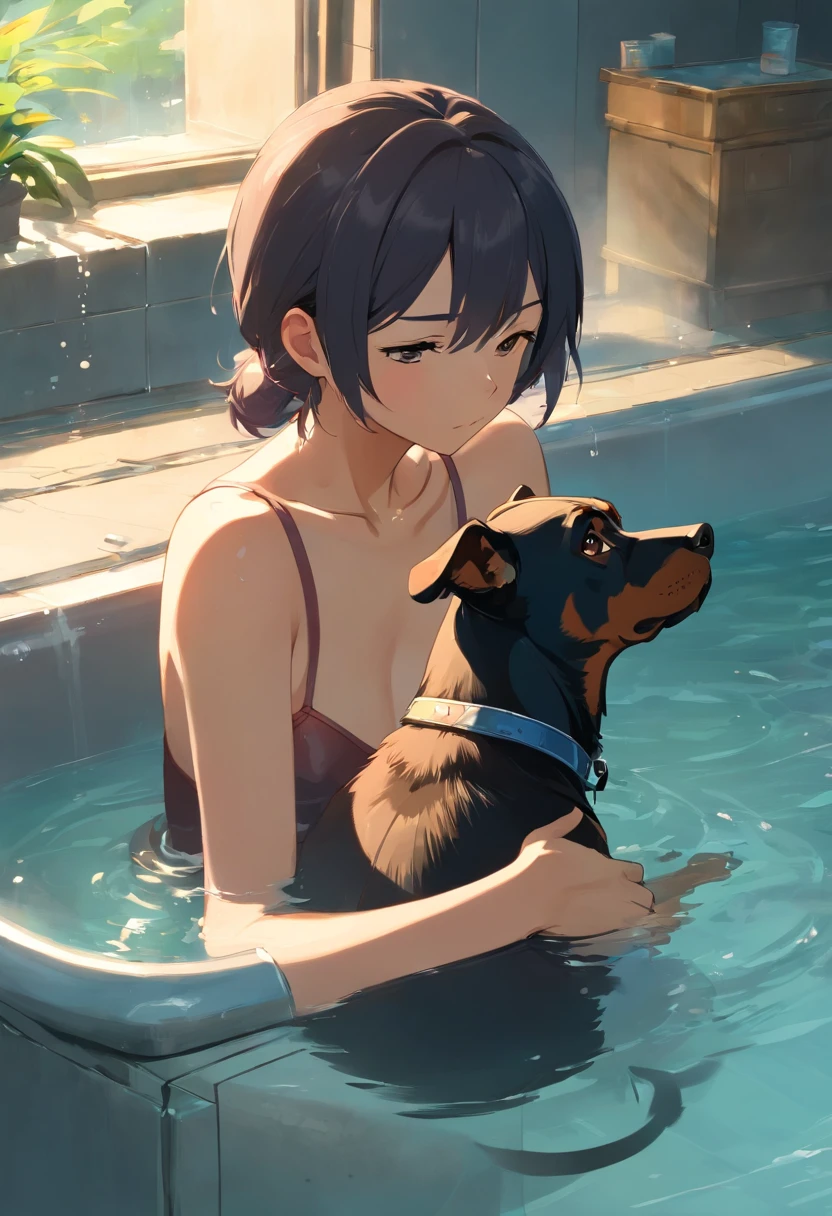 Create a girl with brown hair and have her naked and have sex with a dog