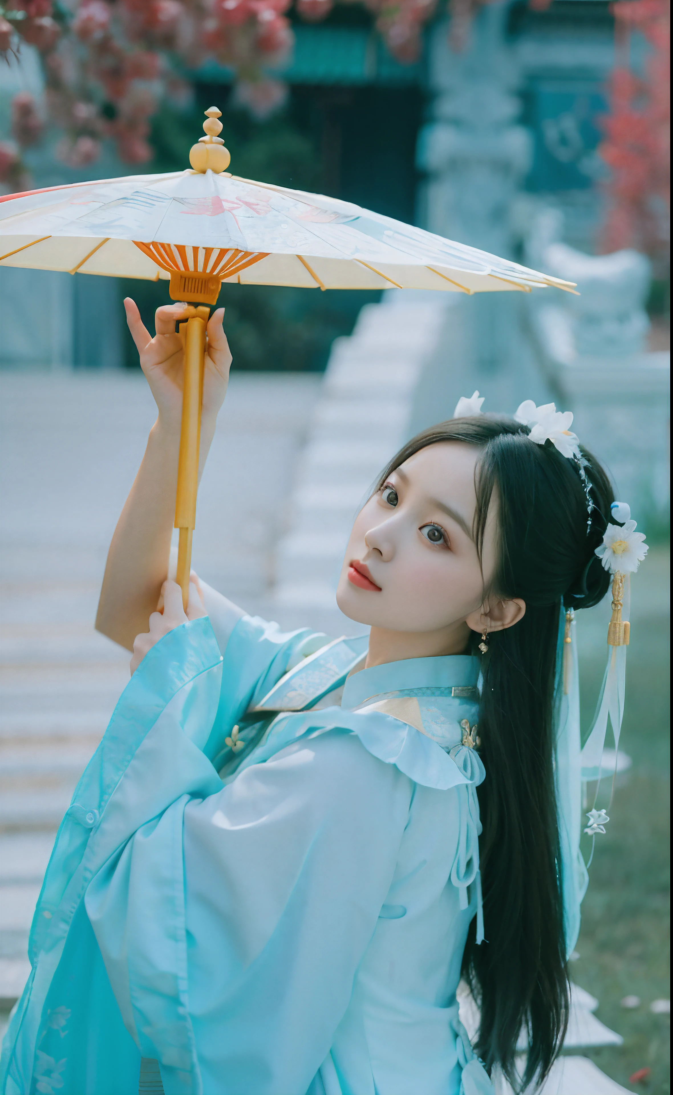 An Asian woman in traditional dress holds an umbrella, Palace ， A girl in Hanfu, Hanfu, Wearing ancient Chinese clothes, White Hanfu, Traditional Chinese clothing, Chinese girl, Chinese woman, Chinese traditional, with acient chinese clothes, Chinese style, China Princess, Chinese costume, Princesa chinesa antiga, A young Asian woman, Traditional beauty