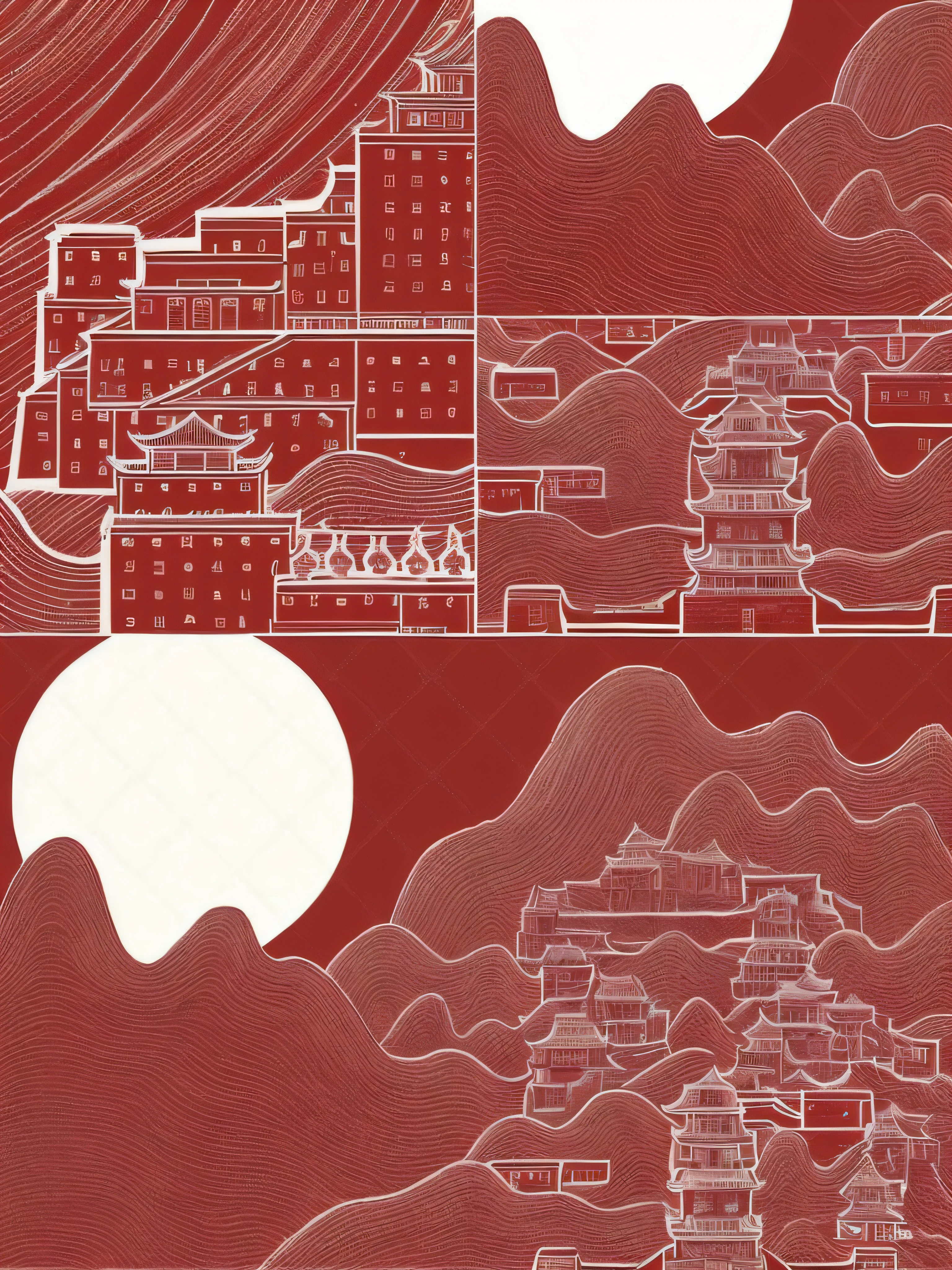 Red and white big moon city illustration, kilian eng. Moebius, mountain fortress city, buddhist monastery on mars, expansive detailed layered city, dreamy Chinese towns, Blueprint red ink, detailed digital illustration, Architectural illustration, traditional chinese textures, 'the red citadel, highly detailed linework, Chinese architecture, beijing, Kowloon Walled City