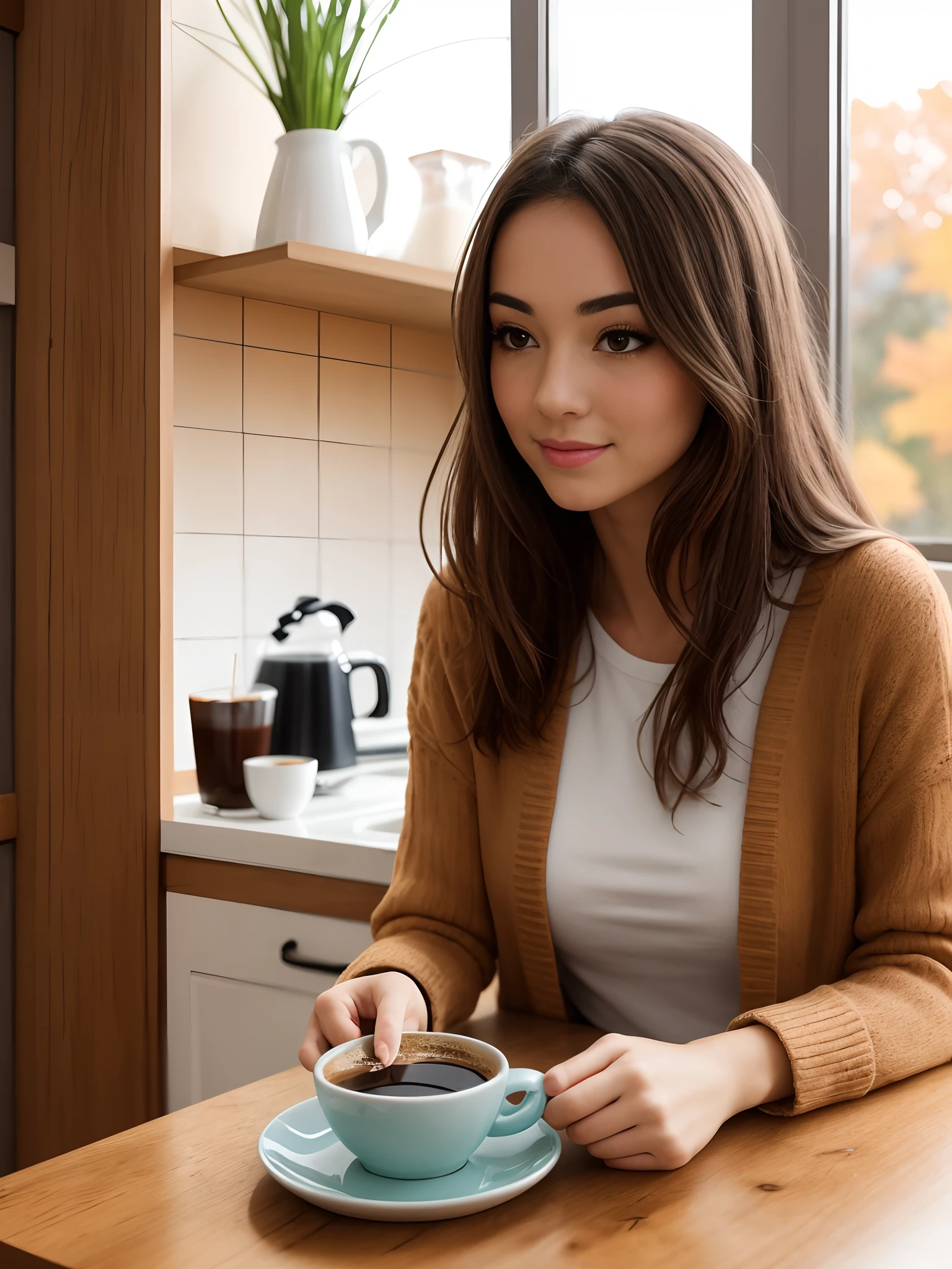 Brunette girl drinking coffee in the kitchen , It's autumn outside and the sun is shining. There is a smartphone on the table