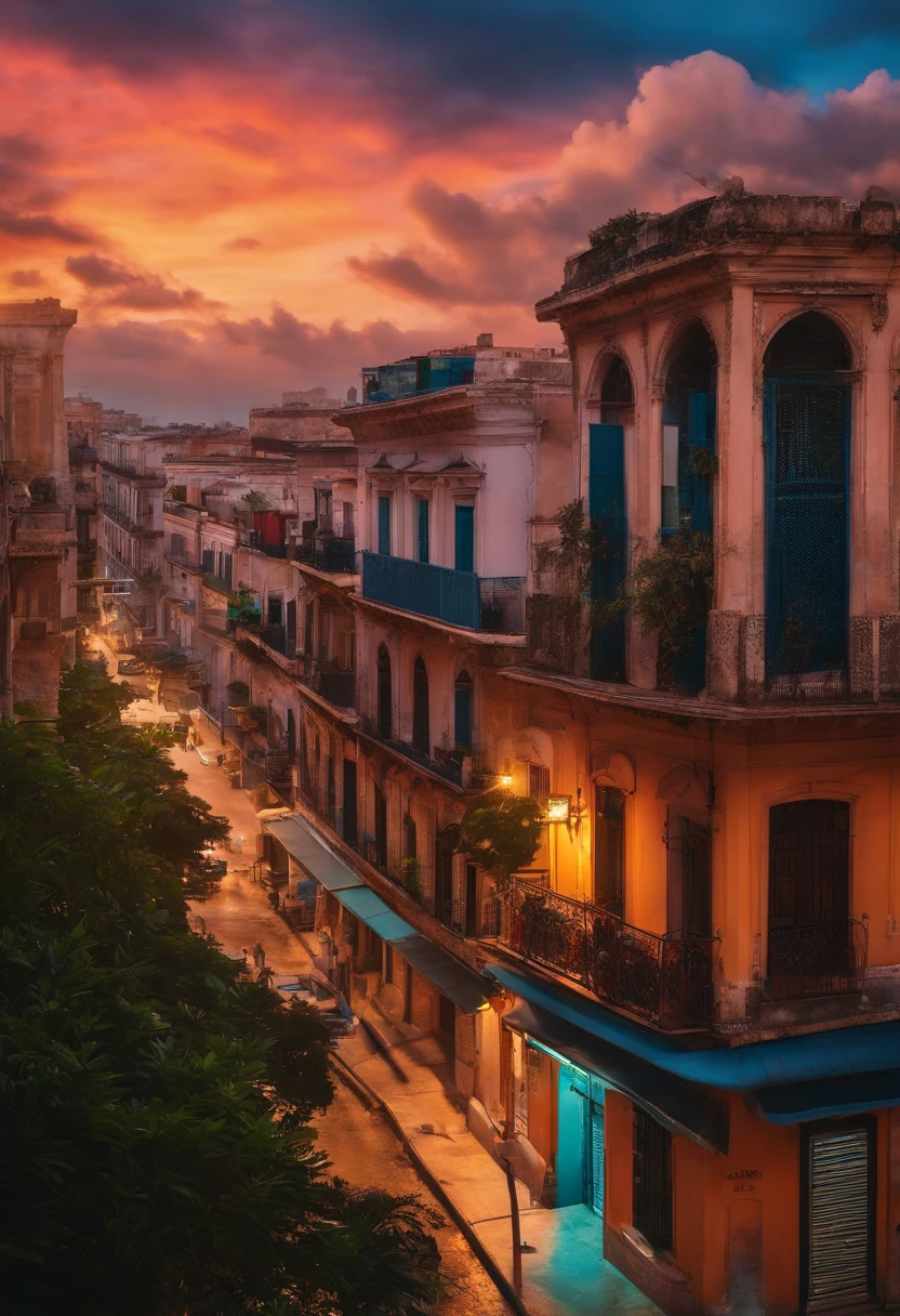 Create a Cuban Urban Backdrop, con edificios, Vivid and colorful sky, estilo anime, dibujo, Anime Setting, CEU, nubes, aerial view