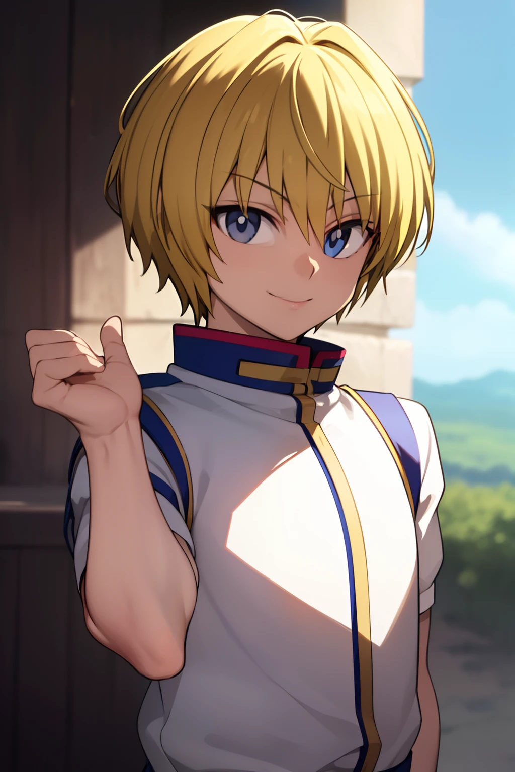 masterpiece, best quality, high quality, 1boy, solo, male focus, looking at viewer, upper body, kurapika,smile,Face