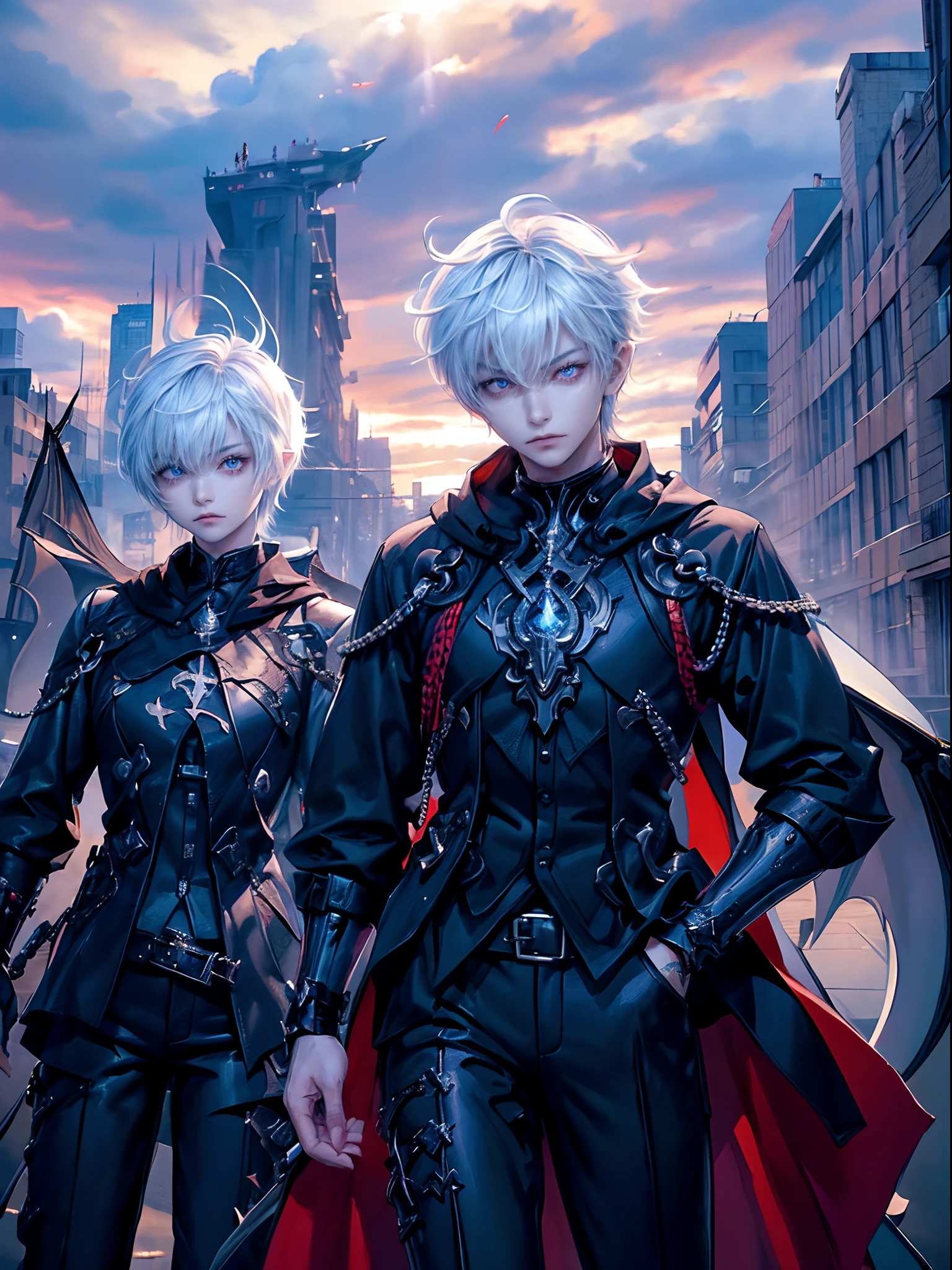 ((4K works))、masterpiece、(top-quality)、One Beautiful Girl、One Evil Man、((Male and female photos))、Slim body、tall、((Black Y-shirt and white pants、Charming street style))、Please wear one jacket、Wearing a hood to hide his face、(Detailed beautiful eyes)、Midnight Combat、In the fight against the demon man、((In battle on a cloudy sky))、((Two are fighting while flying in the sky))、((Flying in the sky))、saddened、suffocating、desolate、((Pitch black sky))、((Face similar to Carly Rae Jepsen))、((Short-haired white hair))、((Smaller face))、((Neutral face))、((With a woman with bright blue eyes))、((Devil Man With Bright Red Eyes))、((American Adult Women and Men))、((Adult female and male 26 years old))、((With cool ladies))、((demon male))、((Like a celebrity))、((Korean Makeup))、((elongated and sharp eyes))、((angry expressions))、((In the fight with the sword))、((boyish))、Professional Photos、((Shot by two))、((He's fighting demon men))、((He is in front of the viewer))、((He is fighting in a distant place))、((In front of him is an evil man flying))、((He is flying in the sky and fighting))、horor、Photos of sadness、((Photos during the battle))