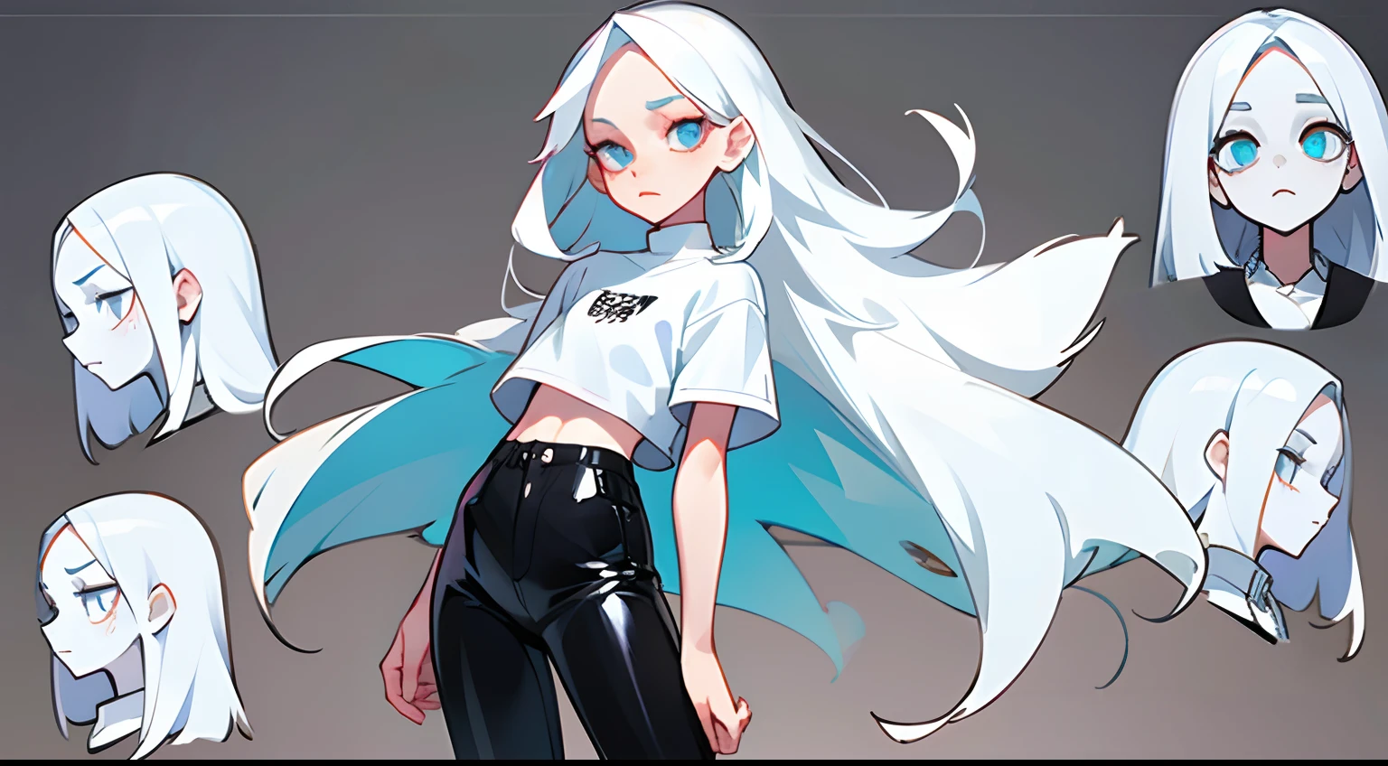 Girl with long thin white hair, White Skin Skin, Slim, beatiful face, little chest, wearing black leather pants and a white t-shirt, white sneakers, Full-length, Character Sheet