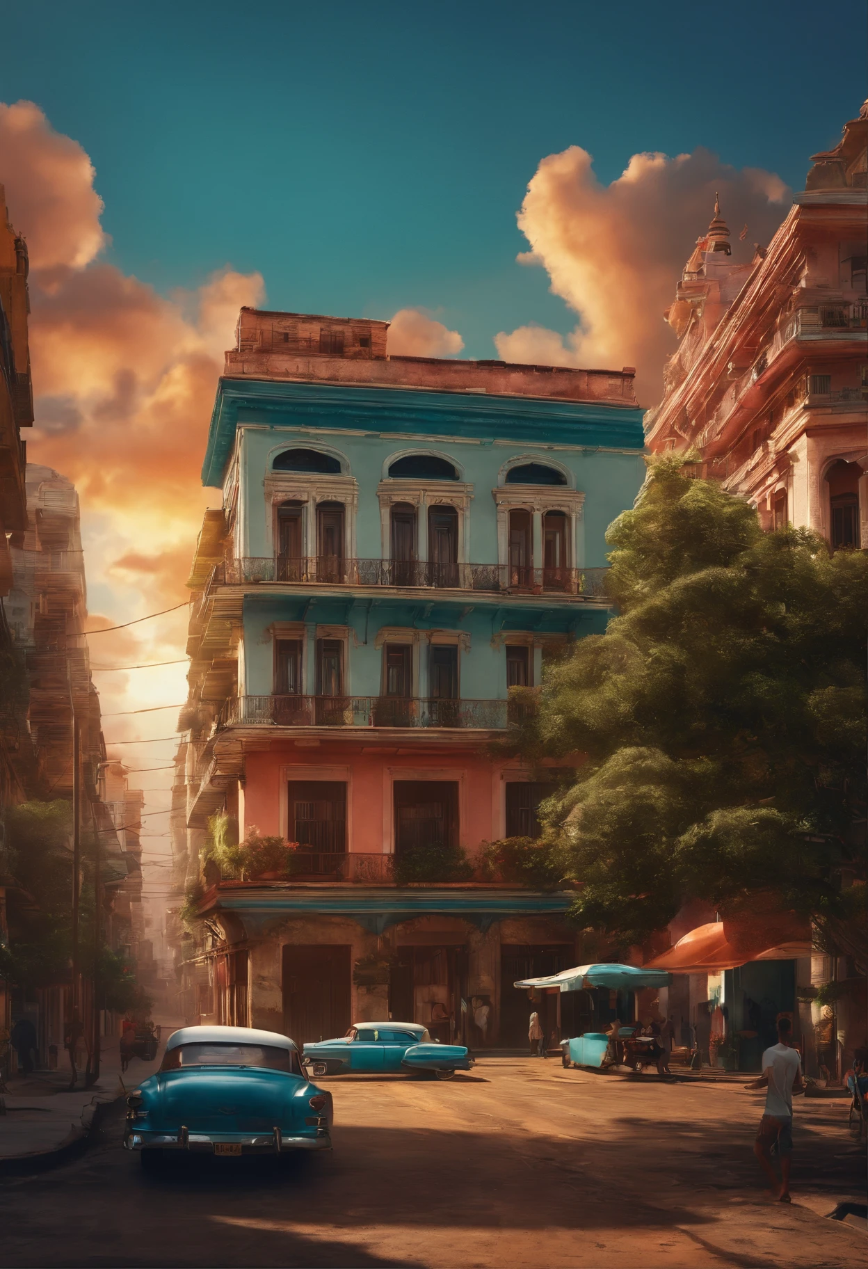 Create a Cuban Urban Backdrop, con edificios, Vivid and colorful sky, estilo anime, dibujo, Anime Setting, CEU, nubes, aerial view