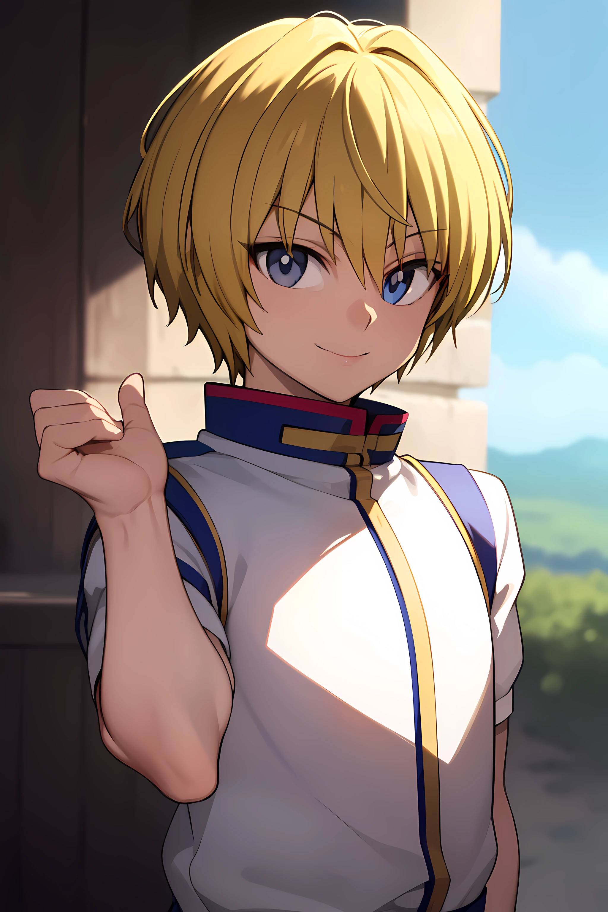 masterpiece, best quality, high quality, 1boy, solo, male focus, looking at viewer, upper body, kurapika,smile,Face