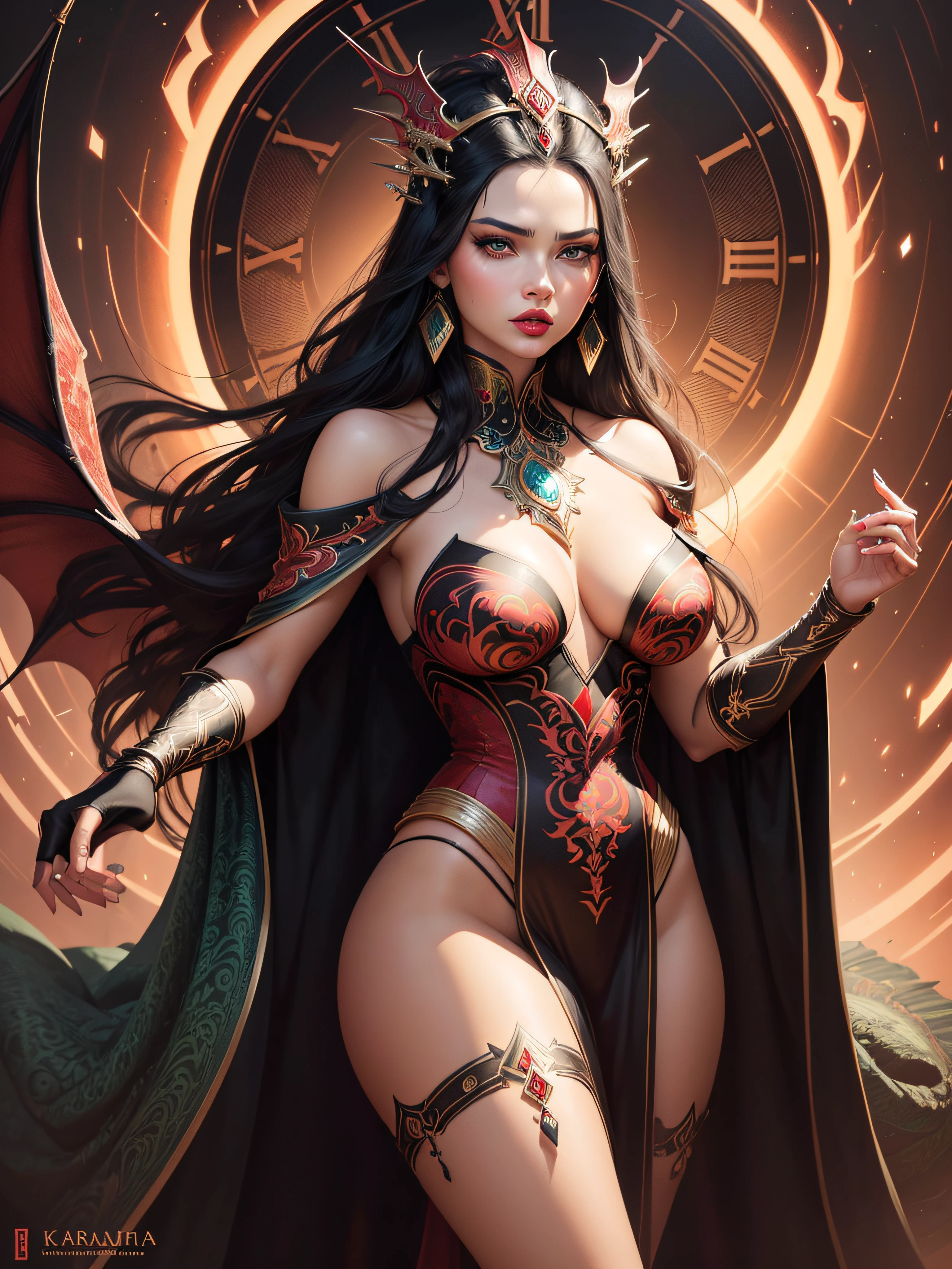 there is a woman (Adriana Lima :1.1) red lips, green eyes, with a large headdress and a clock, stunning digital illustration, exquisite digital illustration, 4k detailed digital art, the dragon girl portrait, beautiful fantasy art portrait, 4k highly detailed digital art, karol bak uhd, a beautiful artwork illustration, detailed face with red lips, detailed fantasy digital art, beauty woman with detailed faces