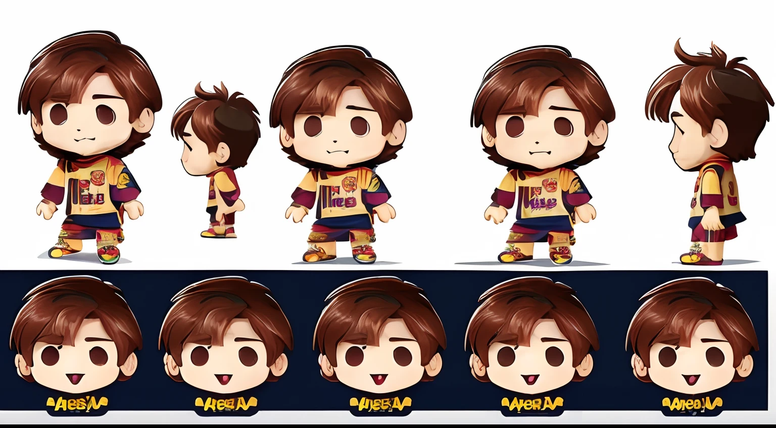 (Lionel Messi:1.3), (chibi style:1.5), Turnaround, Character Sheet, 1boy, 100% white background,