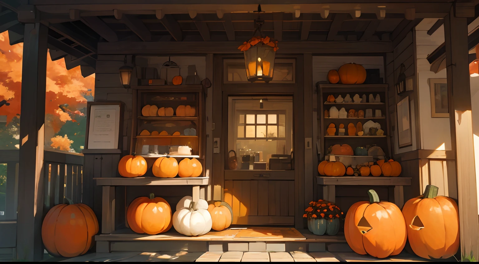 ((​masterpiece:1.4、top-quality)) 、(Pouches with pumpkins and other decorations、) 、autumn season, during autumn, autumn season, trending, 🍂 Cute, pumpkins, With front porch, Vivid and detailed, beautiful setting, 🍁 Cute, accurate and detailed, cottagecore!!, beautiful aesthetic, Rustic environment, ❤🔥🍄🌪, autumn season, porche、