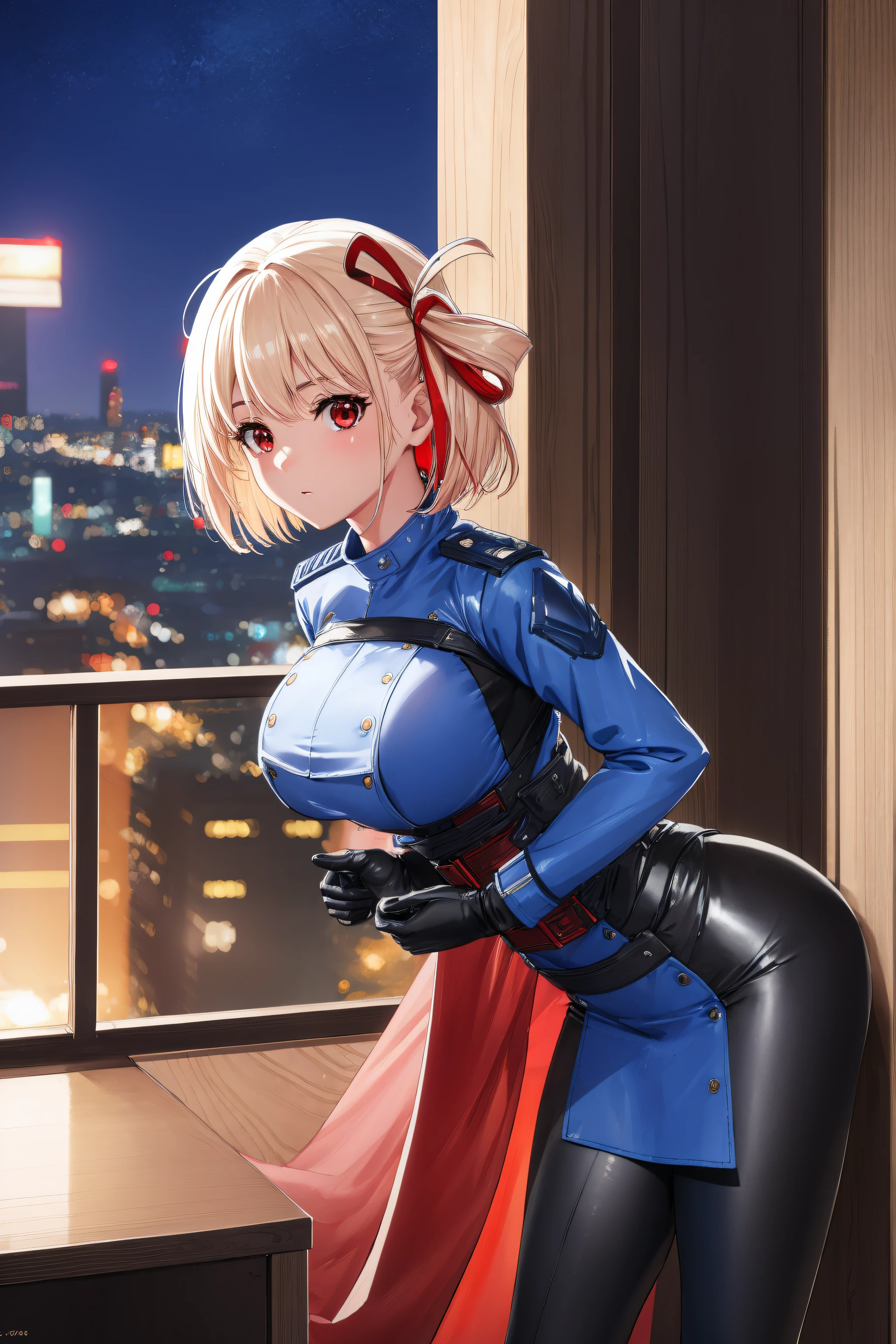 (Night:1.7), Cyberpunk_CityView, Before Window,
standing at attention,
Blue_uniform,Blue_jacket,long_sleeves,Blue_Long_pants,armor, armored_dress,a Blue_helmet on her head,
nishikigi chisato, short hair, bangs, blonde hair, (red eyes:1.5), hair ribbon, one side up, bob cut,
1 girl, 20yo,young female,Beautiful Finger,Beautiful legs,Beautiful body,Beautiful Nose,Beautiful character design, perfect eyes, perfect face,
looking at viewer, (innocent_big_eyes:1.0),(expressionless:1.3),
NSFW,official art,extremely detailed CG unity 8k wallpaper, perfect lighting,Colorful, Bright_Front_face_Lighting,
(masterpiece:1.0),(best_quality:1.0), ultra high res,4K,ultra-detailed,
photography, 8K, HDR, highres, absurdres:1.2, Kodak portra 400, film grain, blurry background, bokeh:1.2, lens flare, (vibrant_color:1.2)
(Beautiful,medium_Breasts:1.4), (beautiful_face:1.5),(narrow_waist),(perfect hands, perfect anatomy),