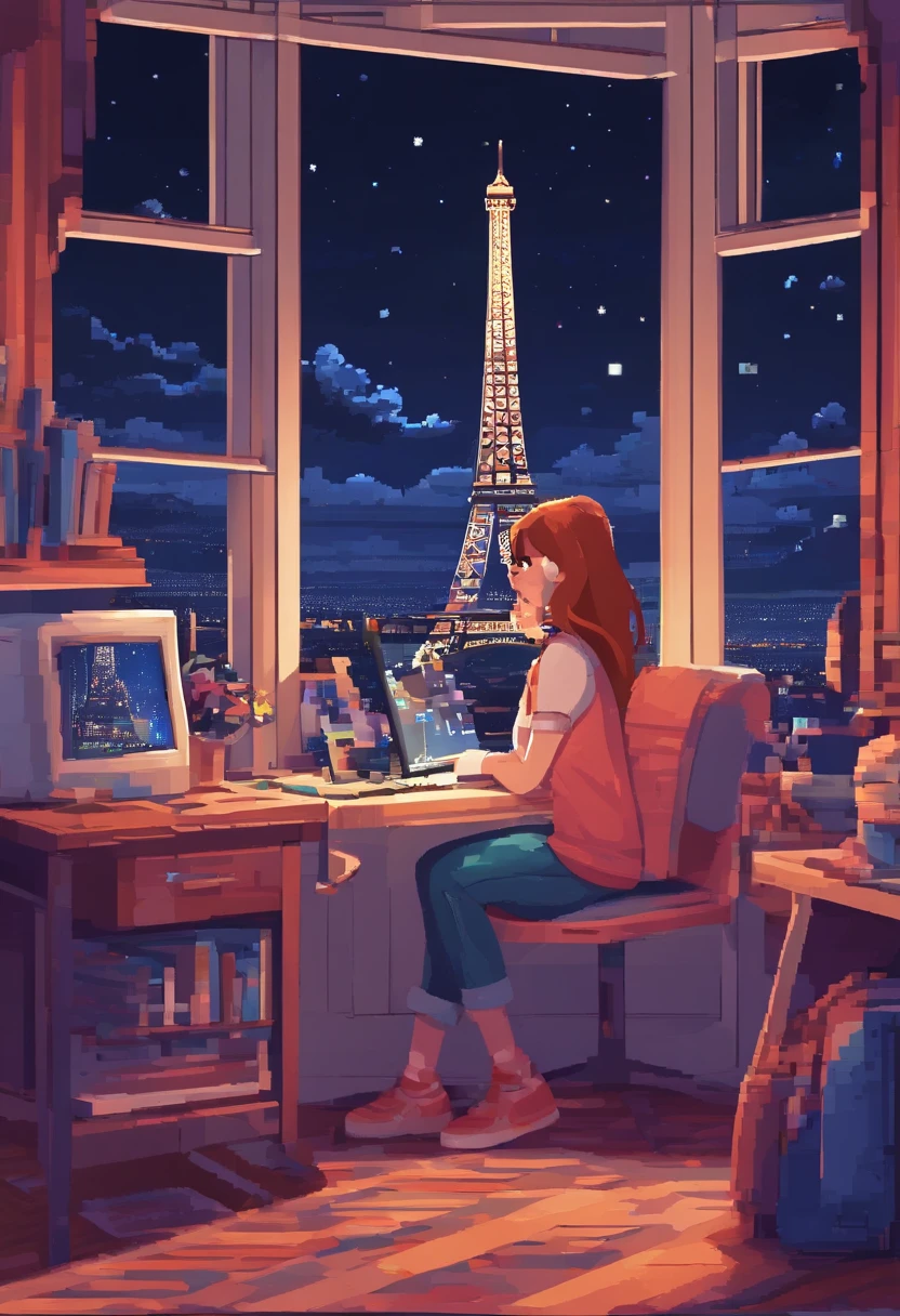 Beautiful  girl in her room in the city war pads studding a book computer in front of the stars in the window at night the hyper-realistic Eiffel Tower,8k,HD ultra detallado,Estilo Pixar,a high definition,16:9