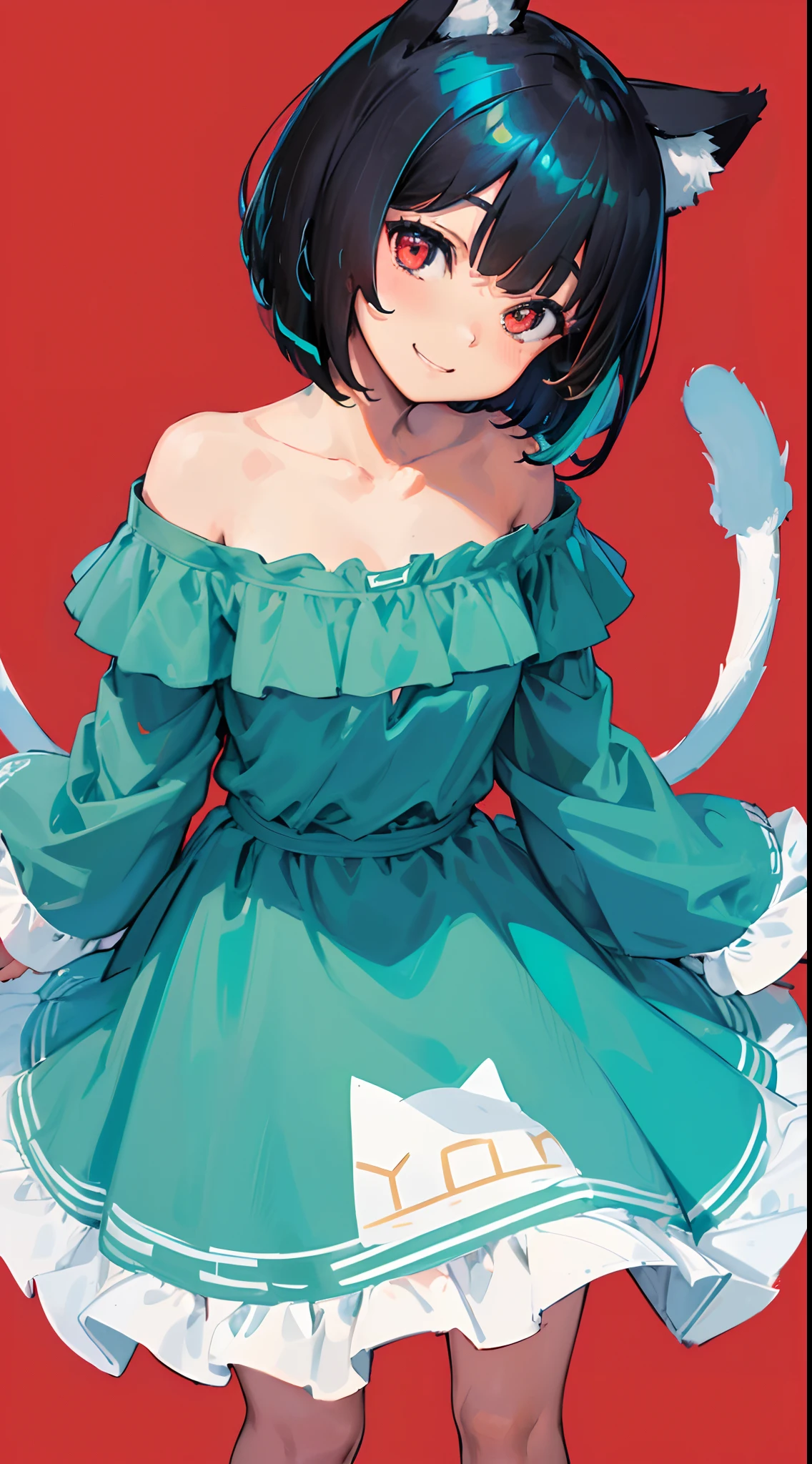 close-up portrait of ((solo 1girl, nekomimi)), ((short black hair in a wavy bob-cut with turquoise highlights)), big grin, side glance, masterpiece, red eyes, (simple plain background), (one-side off-shoulder dress), head tilt, vivid colors, extra long sleeves