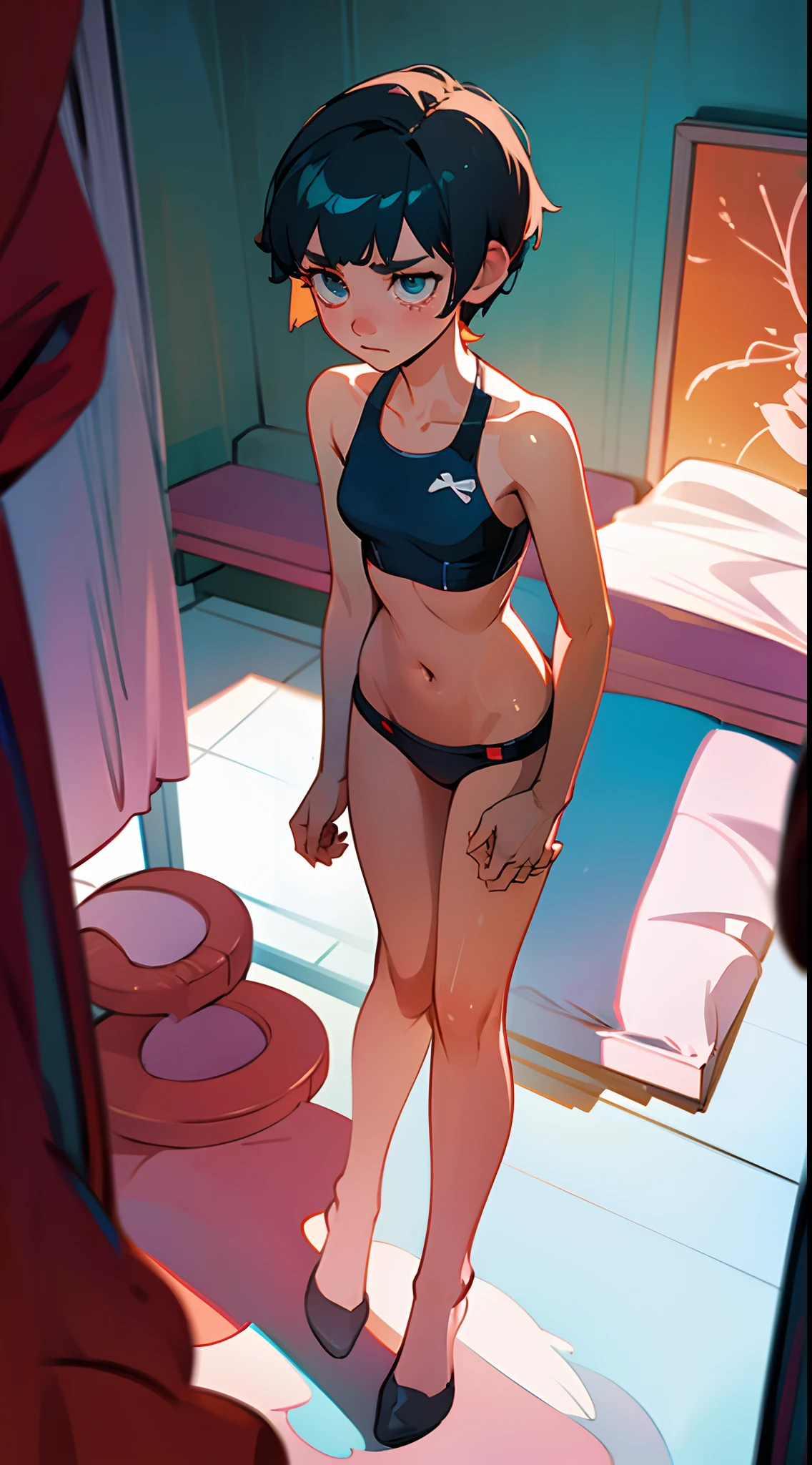 a skinny girl in her bedroom, from above, 2 piece swimsuit , very short hair, staring at her feet, movie shot, standing, dreary lighting, tears