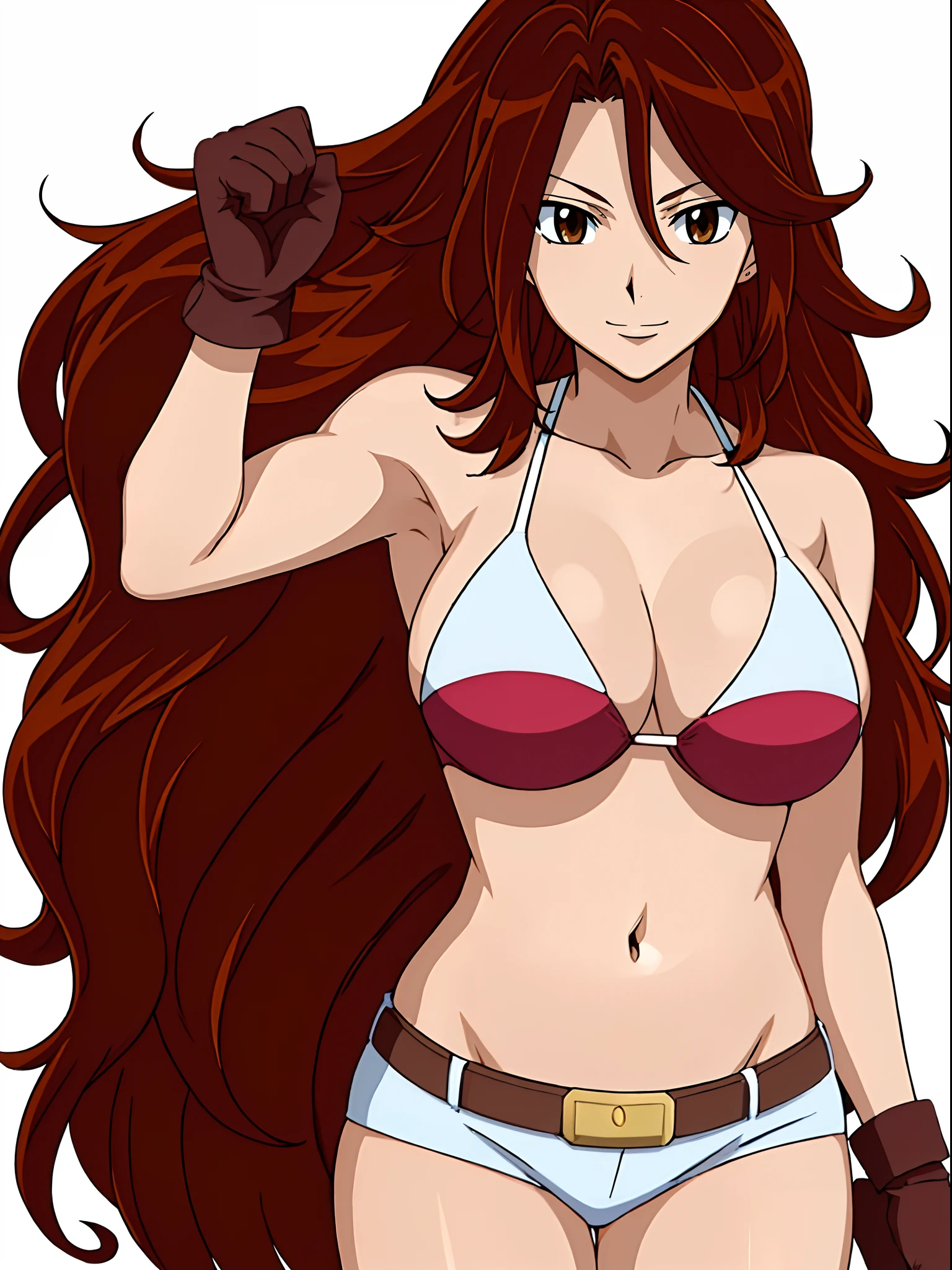 Best Quality, hires, curvy midsection, ((solo)), strong woman, female wrestler, smile, happy), upper body only, anime style: 1.8, anime drawing, ultra detailed face, ultra detailed body, 4k, Sumergai Lee Noriega, (standing), best quality, anime style, hires, highest definition, digital blending, bold drawing lines, (((White Background))), ( pro female wrestler, long attractive belly, slim body, (strong arm muscles), broad shoulders , off-shoulders, closed fists, (very curvy: 2.8)), ((elegant red bikini , shorts, white gloves, arm band, arm band, (champion belt))), (pale skin, big breasts, closed mouth), (big eyes, brown eyes, shiny eyes), (), (reddish hair, loose hair, curly hair, wavy hair, long hair, missy hair), 27 years old
