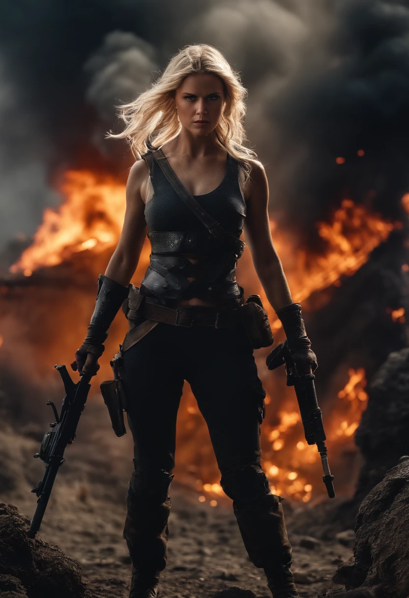(masterpiece:1.5), (bestquality), (highlydetailed), (ultra-detailed), (1girl:1.2), (full body:1.2), (young girl), (blonde hair), (weapon in hand), (war battle scene), (bloody atmosphere), (smoke), (fire), (corpses), (chaotic background), (explosions), (torn clothing), (determined expression), (sweat and dirt), (injured), (dynamic pose), (broken armor), (burnt landscape), (fighting stance), (smoldering debris), (flames:1.3), (battle cries), (sounds of war:1.1)