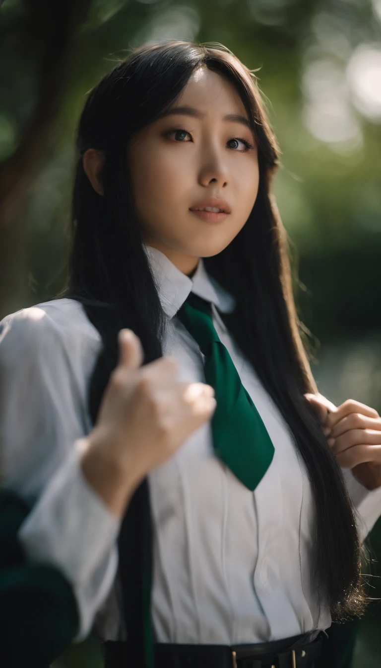 Cho Bo-ah as Tsuyu Asui from My Hero Academia, with a long tongue sticking out of the mouth, sunny day, go to highschool, wearing school uniform, Cinematic, Ultrarealistic, Epic Scene, Photography, 70mm Shot, Telephoto, f/2.8, High Contrast, 8K, Cinematic Lighting, Volumetric Lighting, Ethereal Light, Intricate Details, Extremely Detailed, Low Key Lighting