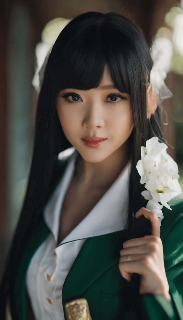 Cho Bo-ah as Tsuyu Asui from My Hero Academia, with a long tongue sticking out of the mouth, sunny day, go to highschool, wearing school uniform, Cinematic, Ultrarealistic, Epic Scene, Photography, 70mm Shot, Telephoto, f/2.8, High Contrast, 8K, Cinematic Lighting, Volumetric Lighting, Ethereal Light, Intricate Details, Extremely Detailed, Low Key Lighting