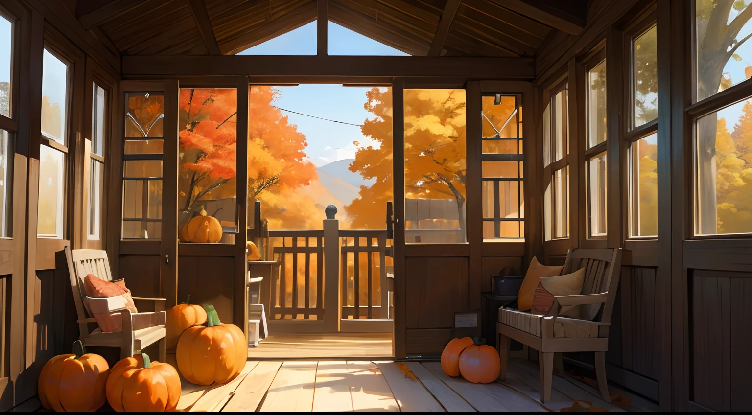 ((​masterpiece:1.4、top-quality)) 、(Pouches with pumpkins and other decorations、) 、autumn season, during autumn, autumn season, trending, 🍂 Cute, pumpkins, With front porch, Vivid and detailed, beautiful setting, 🍁 Cute, accurate and detailed, cottagecore!!, beautiful aesthetic, Rustic environment, ❤🔥🍄🌪, autumn season, porche、