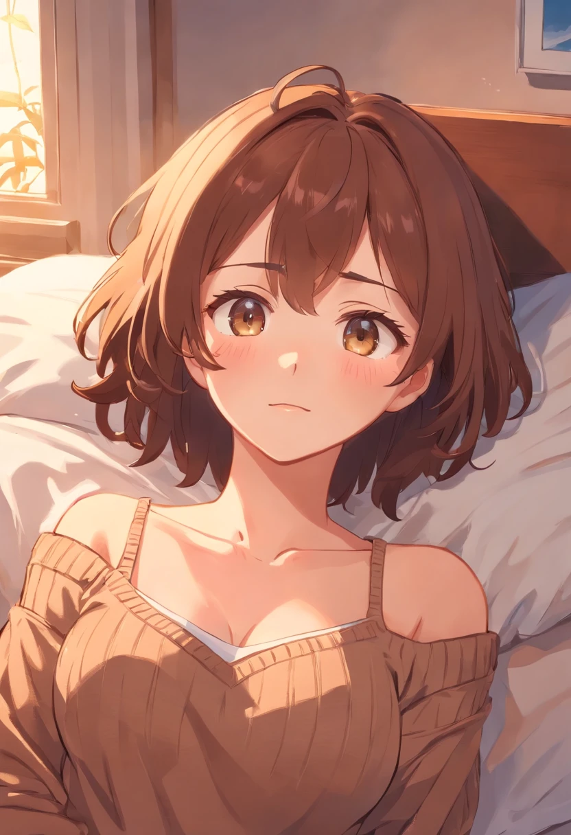 big breast,offshoulder brown sweater,short brown curly hair,underwear,lying on bed,sleepy,cute,blushing,sweating