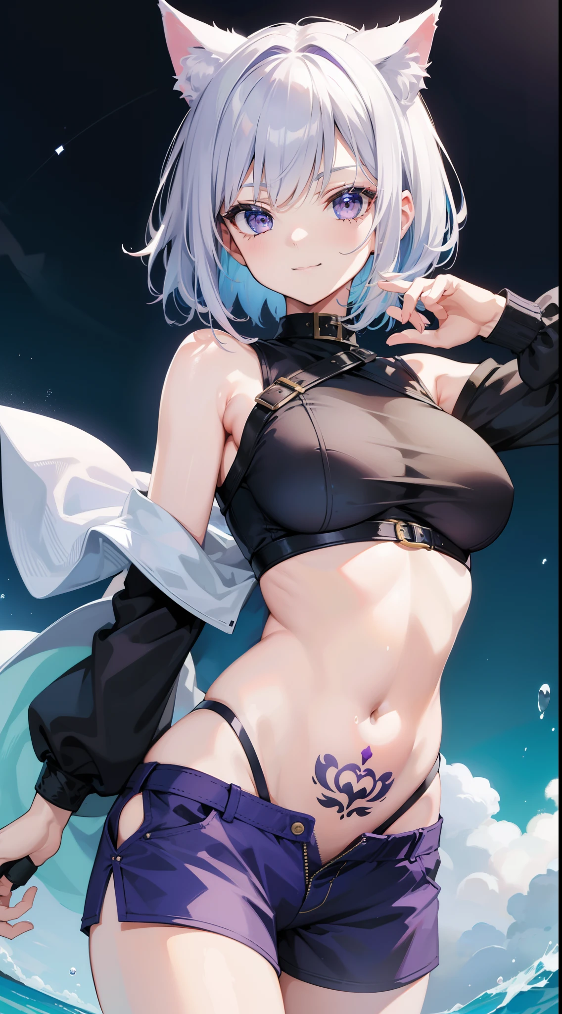 Grown-up girl, short white hair, Heteroromy, blue and purple eyes, cat ears, smirk, tight blue top, Shorts, tattoo, open belly, open breasts, Masterpiece, hiquality, 4k, HD, Good detail