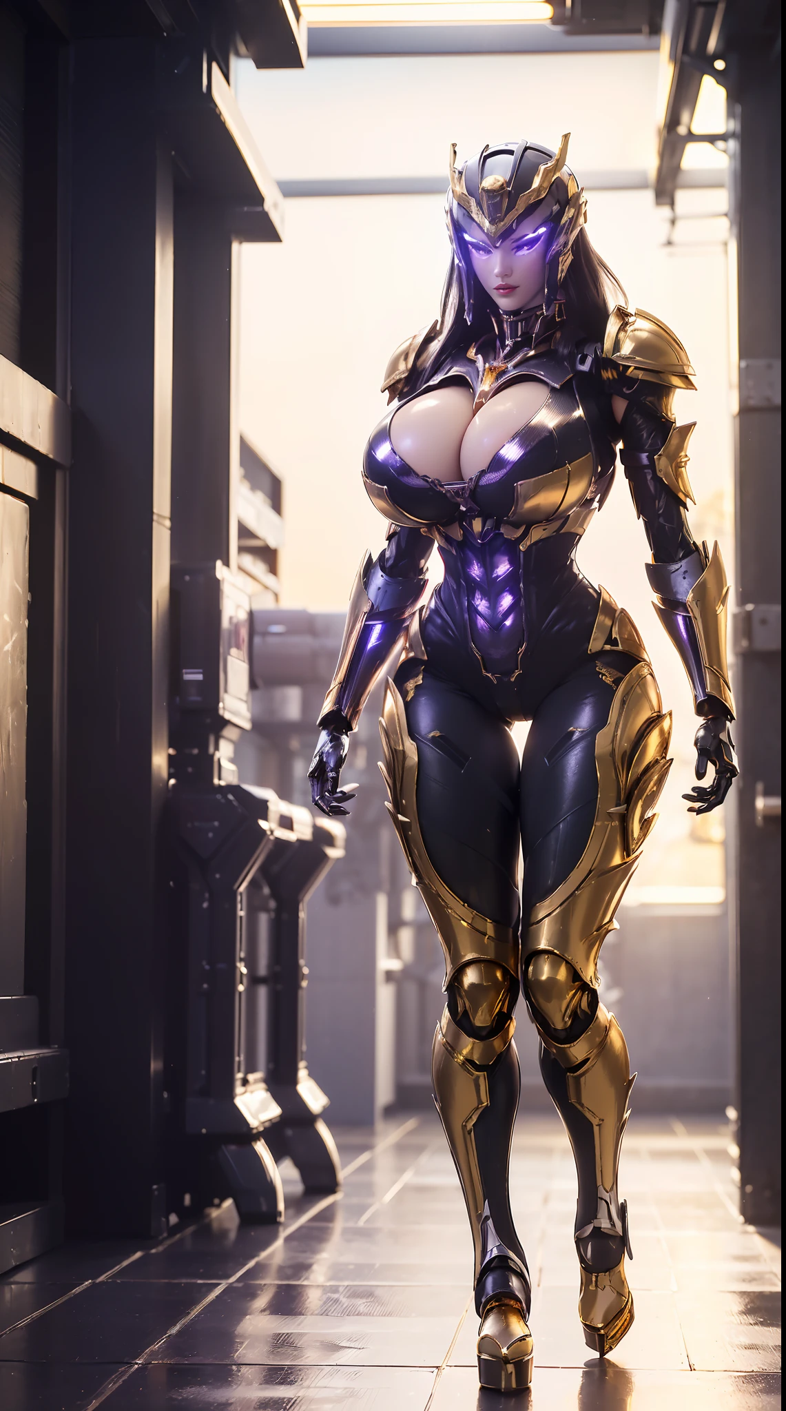 (1GIRL, SOLO), (super detailed face, red_libs, black_hair), (Phoenix mecha helmet:1.2), (BIG BUTTOCKS, MUSCLE ABS, HUGE BOOBS:1.5), (MECHA GUARD ARM:1.3), (white, purple, gold, MECHA CYBER SHINY ARMORED SUIT, CLEAVAGE, BLACK MECHA SKINTIGHT SUIT PANTS, DIAMOND CORE IN ARMOR, MECHA GUARD ARMOR LEGS, MECHA HIGH HEELS:1.5), (MUSCULAR BODY, SEXY LONG LEGS, HALF BODY:1), (LOOKING AT VIEWER:1.3), (famale focus:0.786), (WALKING DOWN HALLWAY OF FUTURISTIC SPACE STATION:1), (BRIGHT LIGHTING:1.3), PHYSICALLY-BASED RENDERING, ULTRA HIGHT DEFINITION, 16K, 1080P.