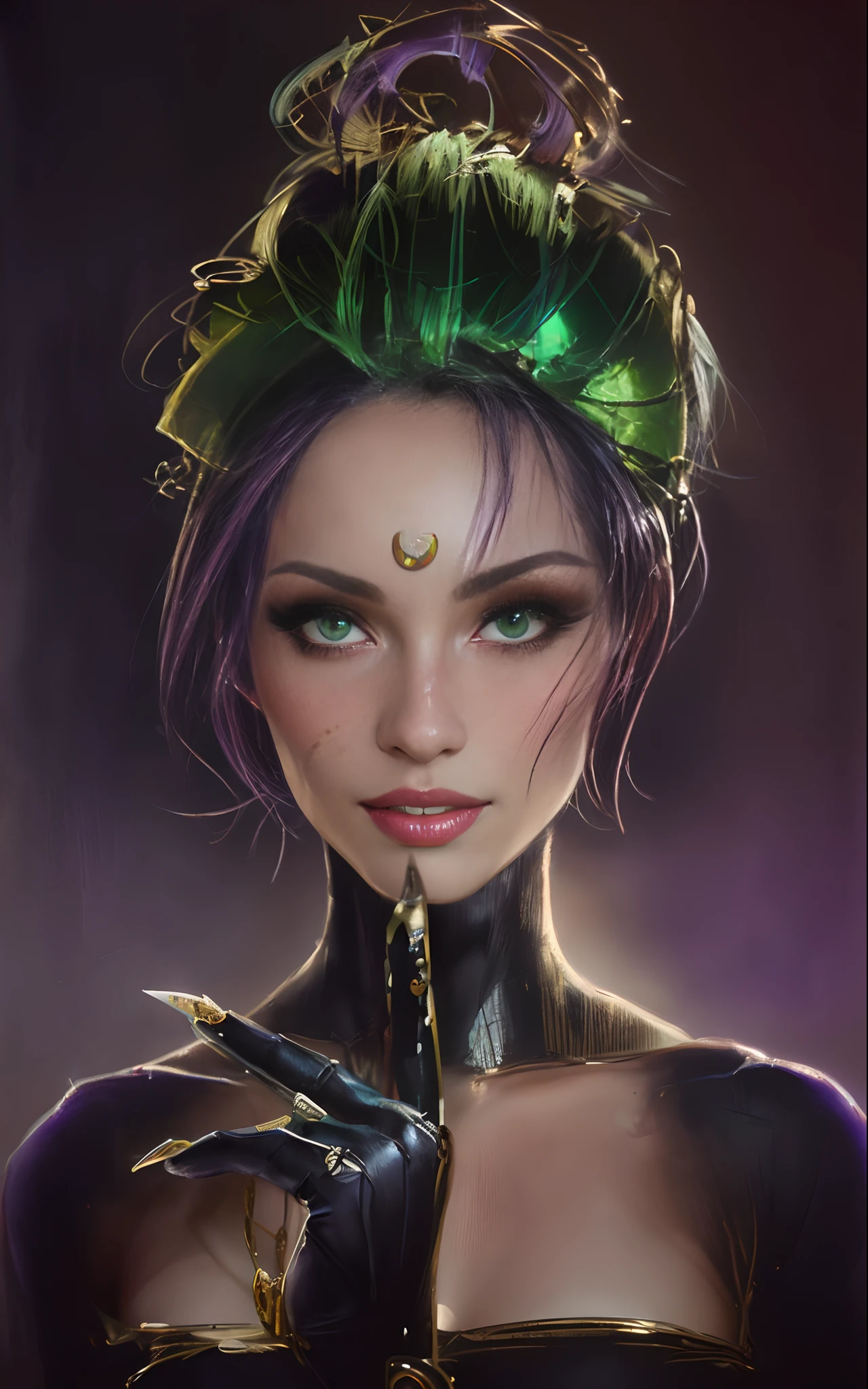 (concept art), masterpiece, best quality, photorealistic, 8k raw photo, a portrait photograph by Tom Bagshaw, tarot card style, [:(detailed face:1.2):0.2], facing viewer, (photorealistic:1.5), perfect body, smiling, armband, green eyes, Dark purple hair, rim lighting,