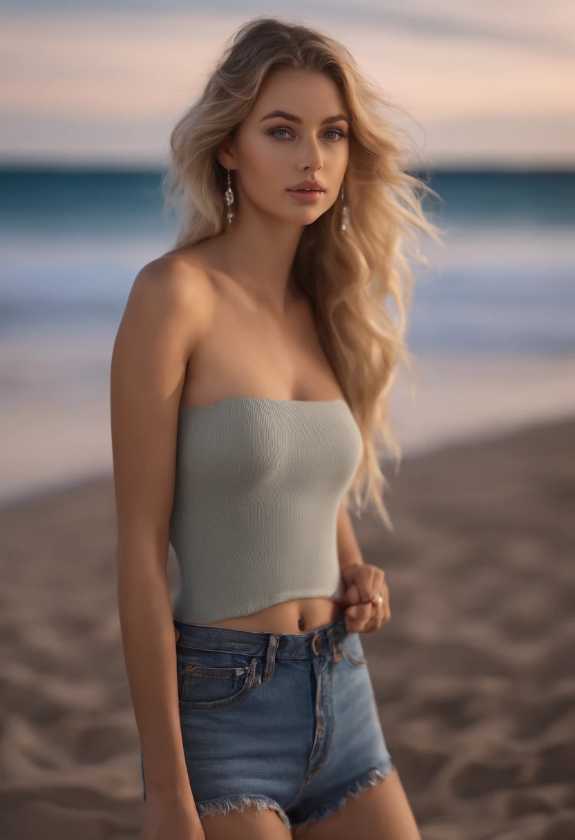 Allard woman completely , Sexy blue-eyed girl, Ultra photo realsisim, detailed meticulous, portrait sophie mudd, blonde hair and large eyes, selfie of a young woman, bedroom eyes, Violet Myers, nomake-up, Natural makeup, look straight at the camera, face with artgram, Subtle makeup, Amazing full body standing on the beach, naked, Large size bust,