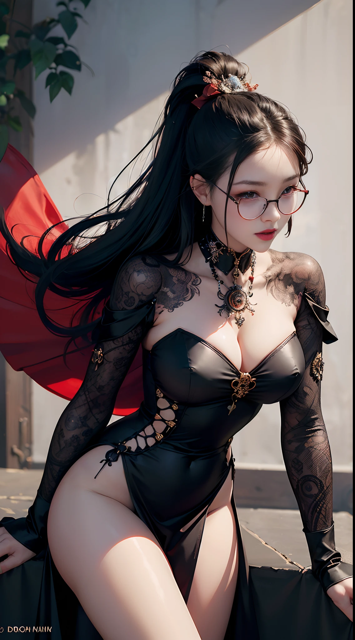 1 beautiful devil woman from hell, surreal female portraits by David Hockney and Alphonse Mucha, Fantasy Art, Chinese Doll, Photorealism, Dynamic lighting, art stations, poster for, Volumetric lighting, Intricate tattoos on the face with highly detailed details, demonic intricate tattoos, thigh tattoos, body tattoos, 8k ultra, Awarded, In the Dark, lowkey, cowboy lens, (Black Phoenix Dress: 1.0), Long hair, Black hair, Bust, Devil's Palace, devil crown, red eyes make up very sharp and detailed, The most beautiful face, a 、Seductive body、((((black-rimmed round glasses))))、 Super tight breasts, Breast augmentation surgery, The breasts are very big and round and round, Super realistic, Black Dark Magic Dress, Charming smile, The eyes are very well made up, ((Red Eye:1.0)), guweiz, devil style, wearing black mesh socks, Ponytail with a bow tied at the back of the hair, plump beautiful red lips, wearing a thin red and black robe, Hands pull the straps to expose sexy breasts, the landscape is overcast and thunderous, Beautiful female demon portrait, Protagonist Close-up、intricate tattoos, demonic intricate tattoos, thigh tattoos, body tattoos, (Detailed spooky backgrounds:0.8), nffsw, nffsw, The 8k quality, detailed pixel, Meet beautiful girls, Look at the girl's body, ((((black-rimmed round glasses))))、Portrait of a woman in black magic clothes、Portrait of a Superhuman Woman by David Hockney and Alphonse Mucha, Portrait of a seductive woman by Chen Shu Feng fantasy art, Chinese Doll、Seductive Woman、a baby faceaii、Portrait of a seductive woman by Chen Shufen