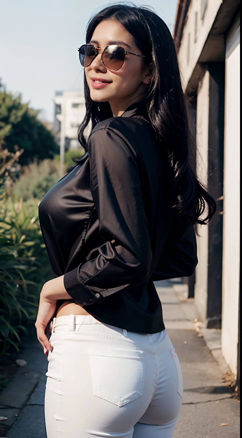 Black silk shirt, white pants, long black curly hair, smile, sunglasses, gigantic tits, (best quality, 8k, masterpiece), dating