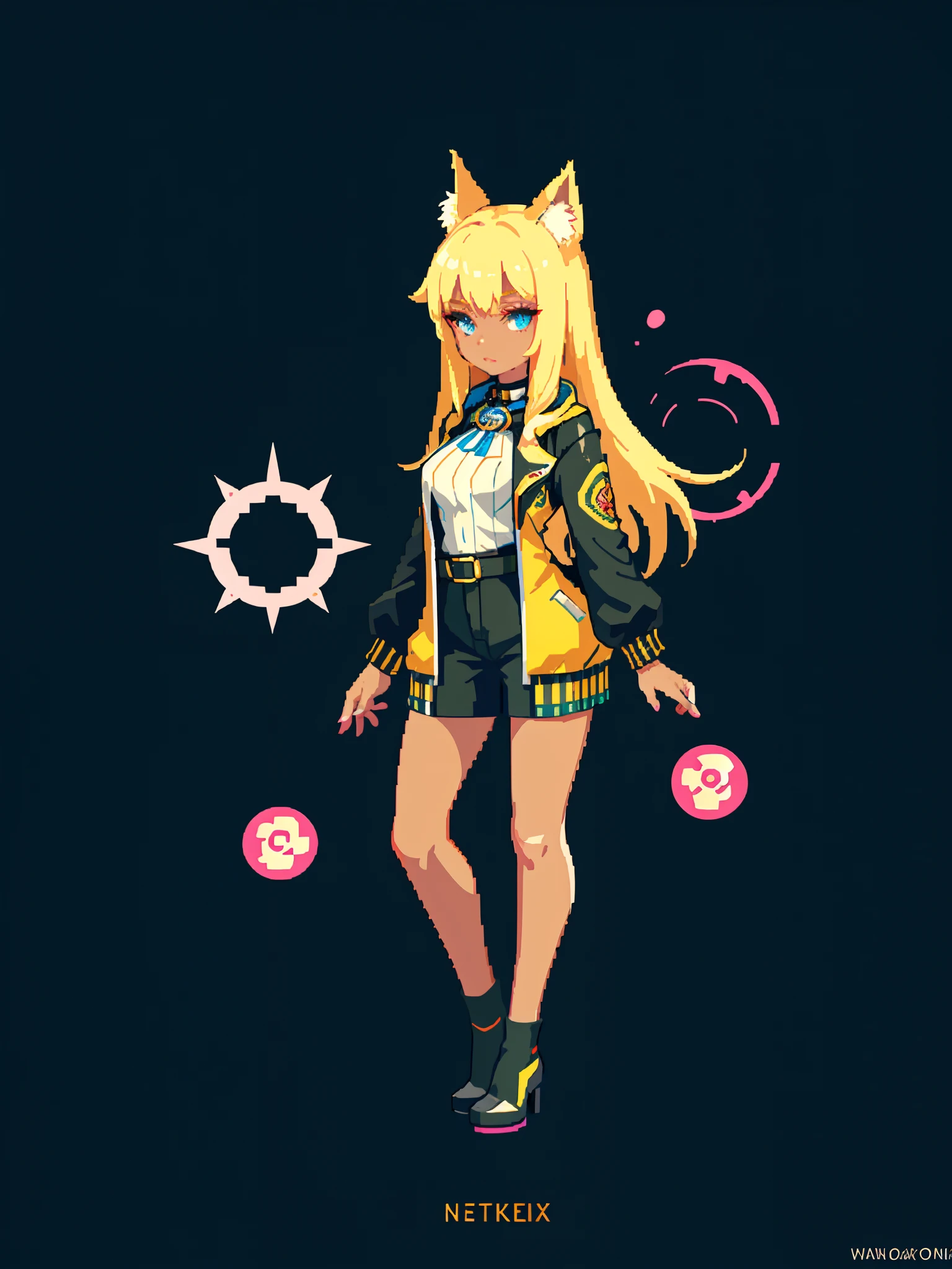 (masterpiece, top quality, best quality), pixel,pixel art,1girl,full body, blond hair,  cat_ears, animal_ears, solo, dark_skin, tan_skin, foggy neon futuristic,  summer jacket, sakura falling, portrait style, looking_at_viewer, cinematic lighting,  eyeliner, makeup, emotional,  highly detailed, wide shot, sharp focus,    ring light, rim lighting, octane render, ring light, rim lighting, nvinkpunk, samdoesarts
