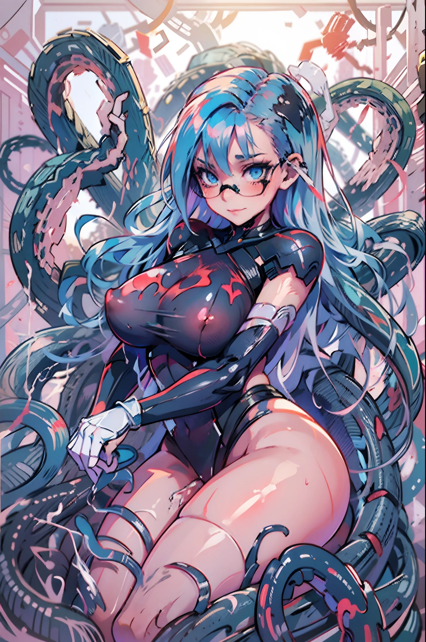 Beautiful anime girl with tentacles wrapped around her body, sexy gorgeous woman having sex with a multitude of tentacles, professional artwork, detailed eyes, beautiful eyes, beautiful face, flawless face, gorgeous face, smooth features, huge breasts, thick thighs, wide hips, curvaceous woman, voluptuous woman, wet body, thicc, thick, wide hips, thick thighs, muscular woman, buff woman, athletic build, fit, muscular arms, muscular legs, abs, surrounded by tentacles, body wrapped in tentacles, tentacles grabbing woman, tentacle penetrating, tentacle inside, thick tentacle, tentacles in vagina, thick tentacle sliding into vagina, naked body, exposed nipples, vaginal penetration, penetration, thigh high stockings, glasses, lying on bed, legs spread apart, fishnet stockings, fishnet opera gloves, punk woman, smiling, half buzzcut hairstyle, sidecut, undercut, black lipstick, black lips, blue hair, white liquid splattered everywhere, white liquid on body, white liquid in vagina, while liquid on face, milk leaking from breasts, cum leaking from vagina, blue hair, smiling, highly detailed pussy, wet pussy