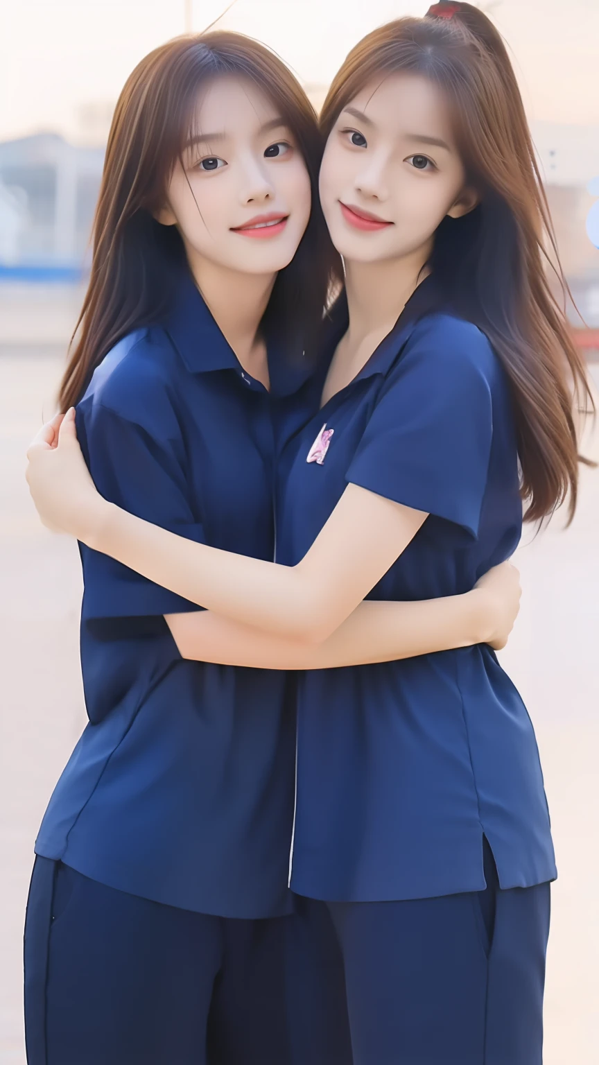 (bestquality,10,10,highres,masterpiece:1.2),ultra-detail,(Realistic,photorealistic portrait,photo-realistic:1.37),1 Cute girl in the football field,oily shiny skin,bara,light smile,BDclothes,((blue shirt:1.3)),short sleeves,shirt, trousers.,(navy_long_Pants Track:1.1), ((Stadium Background:1.3)),dynamic angle,excited,face focus,Dynamic Poses,from behide,Ass Focus,masterpiece, bestquality, ultra realistic, hyper-detail, 8k resolution, RAW photo, crisp focus, ((Navy blue shirt:1.1)), short sleeves, Long Path, Perfect body, 2 mature women, 18yo, cinematic light,Blue sweatpants,Gymware,Correct anatomy,Complete body, Correct body, sharp face, Anatomically correct body, full entire body, Realistic gestures, long-haired, Realistic poses,Wear long shorts...,Long leg span,Shapely,Sculpting Girl, 2 girls kissing each other, Realistic kiss, Slender Figure, mannequin mannequins, Shapely, Beautiful body
