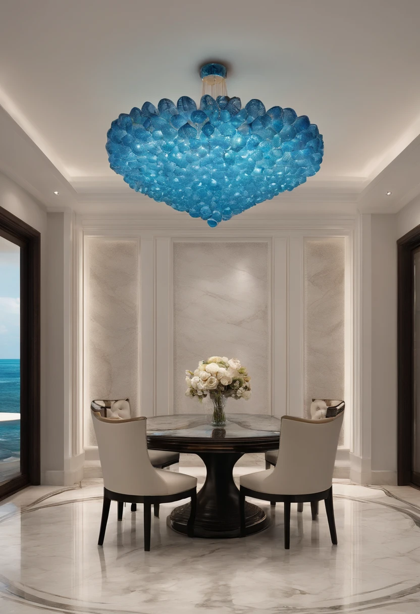 You are a famous interior designer，With marine elements（wie z：Scorpion，Water streaks，sea shell，pearls，blue colors）Create a fantastic aromatherapy experience store front desk area，The shape of the table top extracts the shape of the conch，The top is a gradient blue water ripple shape，The chandelier takes the shape of an aquatic weed in the ocean，The floor is paved with light marble