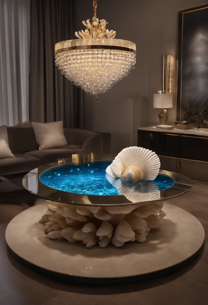 You are a famous interior designer,With marine elements(wie z:Scorpion,Water streaks,sea shell,pearls,blue colors)Create a fantastic aromatherapy experience store front desk area,The shape of the table top extracts the shape of the conch,The top is a gradient blue water ripple shape,The chandelier takes the shape of an aquatic weed in the ocean,The floor is paved with light marble