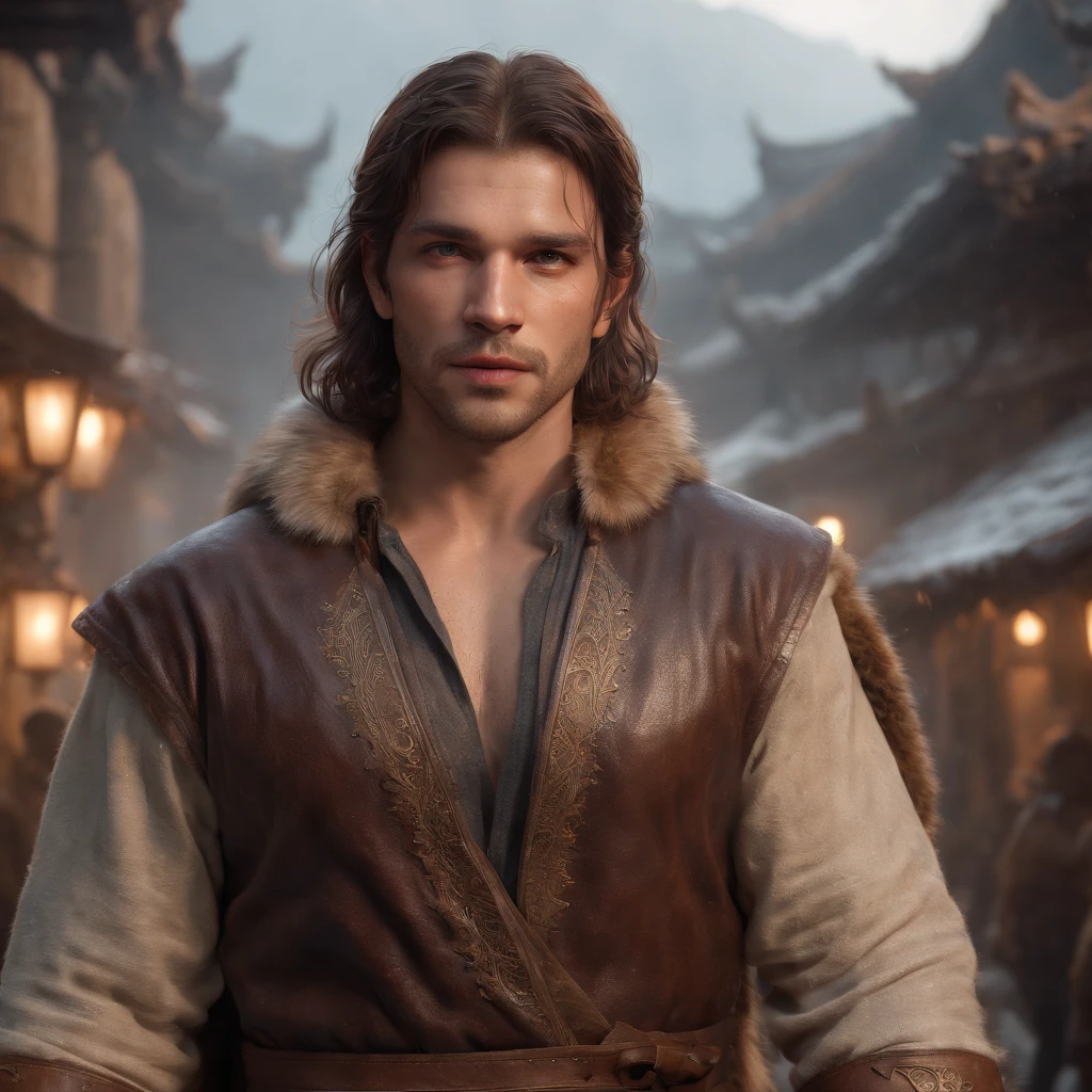 (professional 3d render:1.3) af (Realistic:1.3) most beautiful artwork photo in the world,Features soft and shiny male heroes, ((Epic hero fantasy muscle man rough wet hero angry looking long hair short beard and ferocious expression in dynamic pose, Fantastic location, Majestic cluttered environment)), Full body 8K unified rendering, action shot, skin pore, very dark lighting, heavyshading, Detailed, Detailed face, (vibrant, photograph realistic, Realistic, Dramatic, Dark, Sharp focus, 8K), (Old leather garments damaged by weathering:1.4), ((((Wear fur)))), (Intricate:1.4), decadent, (Highly detailed:1.4), Digital painting, rendering by octane, art stations, concept-art, smooth, Sharp focus, illustration, Art germ, (loish:0.23), wlop ilya kuvshinov, and greg rutkowski and alphonse mucha gracias, (Global illumination, Studio light, volumettic light), heavy rain, particles floating, lotr, fantasy, elf, full bodyesbian, ((Dark and ancient city background:1.3)),CGSesociety,art stations
