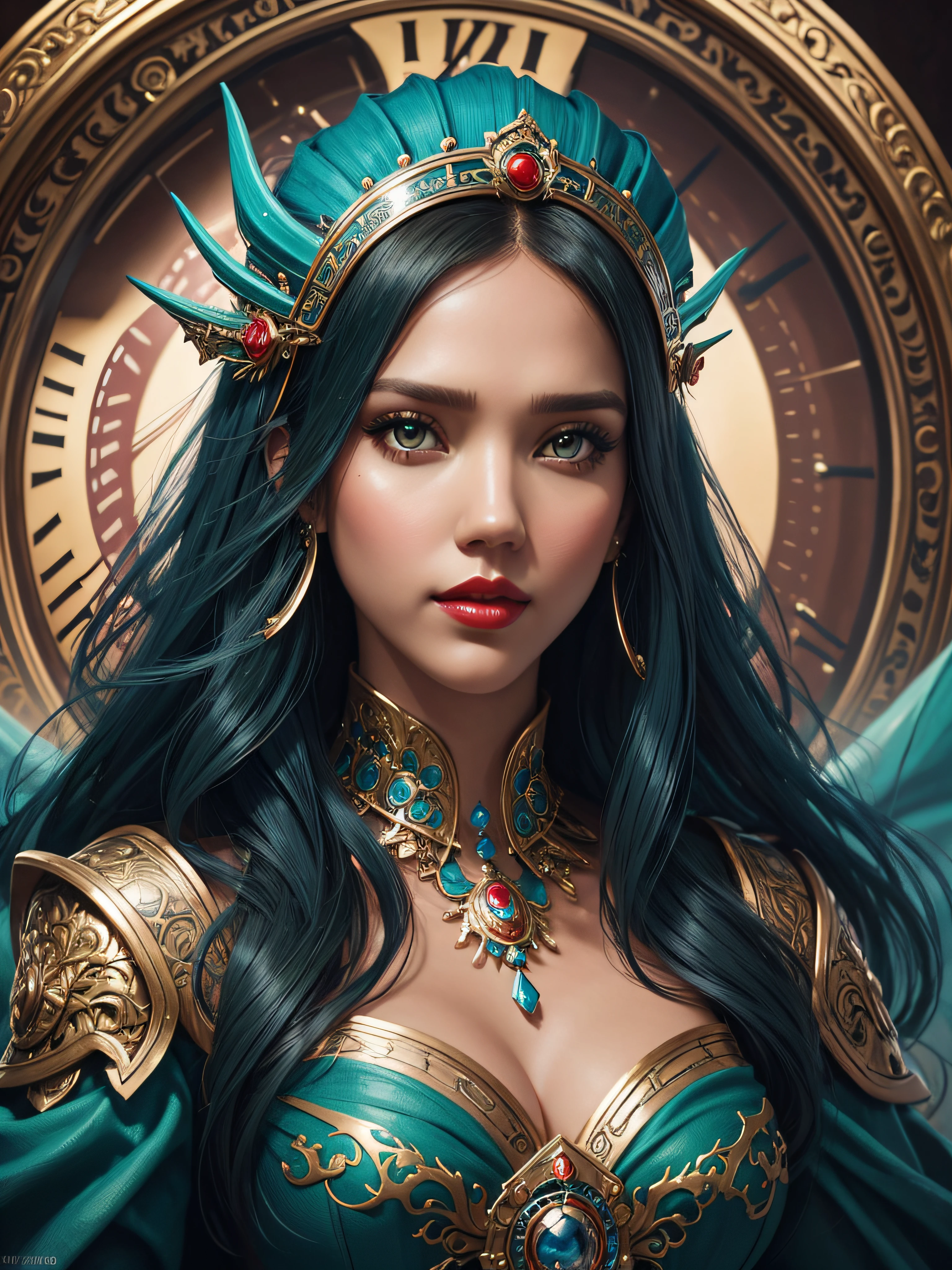 a woman, Jessica Alba red lips, green eyes in a blue dress with a large headdress and a clock, stunning digital illustration, exquisite digital illustration, 4k detailed digital art, the dragon girl portrait, beautiful fantasy art portrait, 4k highly detailed digital art, karol bak uhd, a beautiful artwork illustration, detailed face with red lips, detailed fantasy digital art, beauty woman with detailed faces