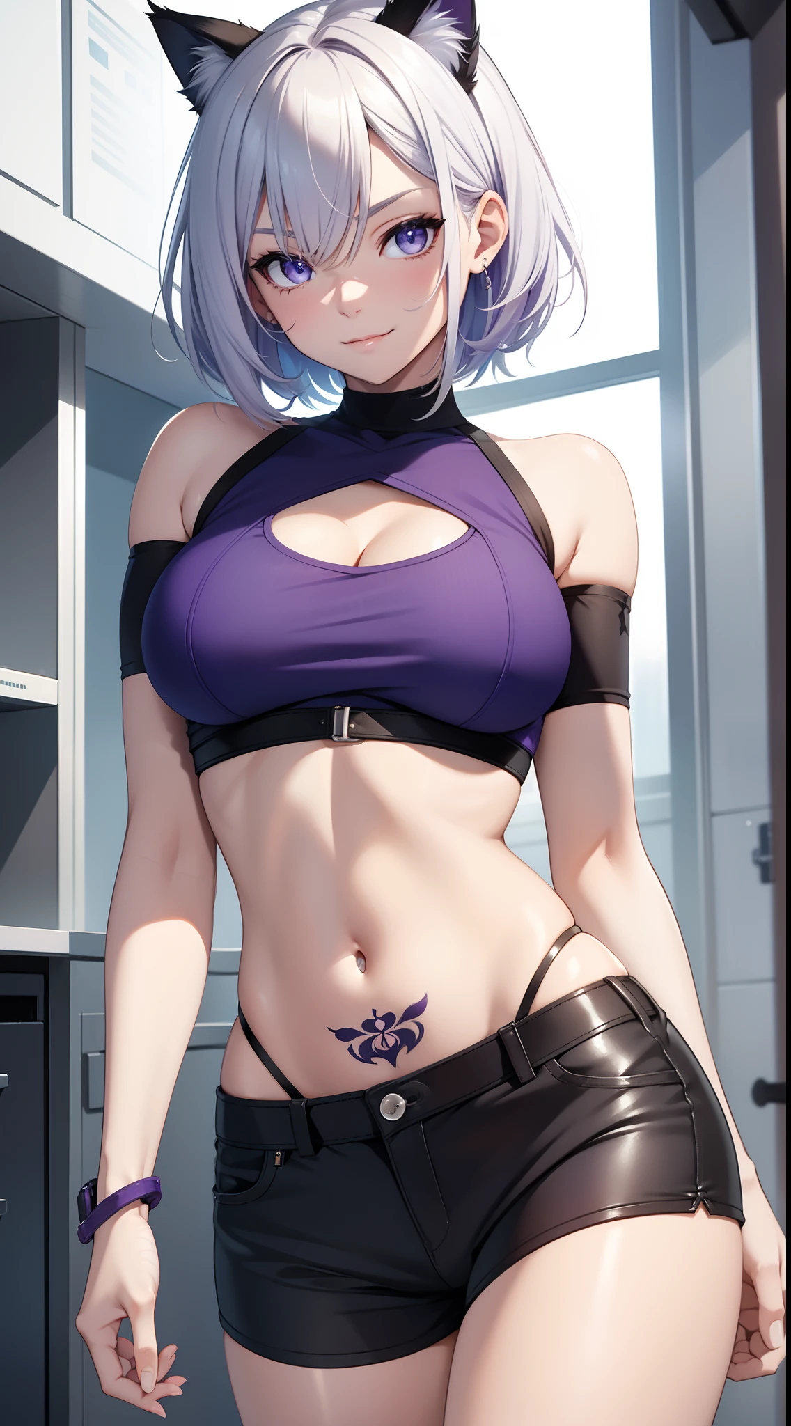 Grown-up girl, short white hair, Heteroromy, blue and purple eyes, cat ears, smirk, tight blue top, Shorts, tattoo, open belly, open breasts, Masterpiece, hiquality, 4k, HD, Good detail